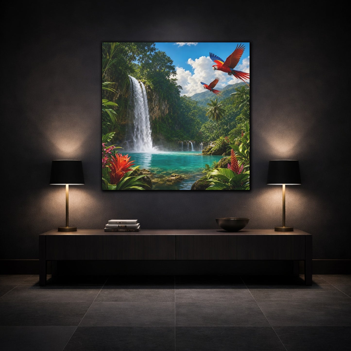 Mockup 3. Nature Tropical Waterfall Tropical Waterfall Parrots shown as stretched canvas wall art