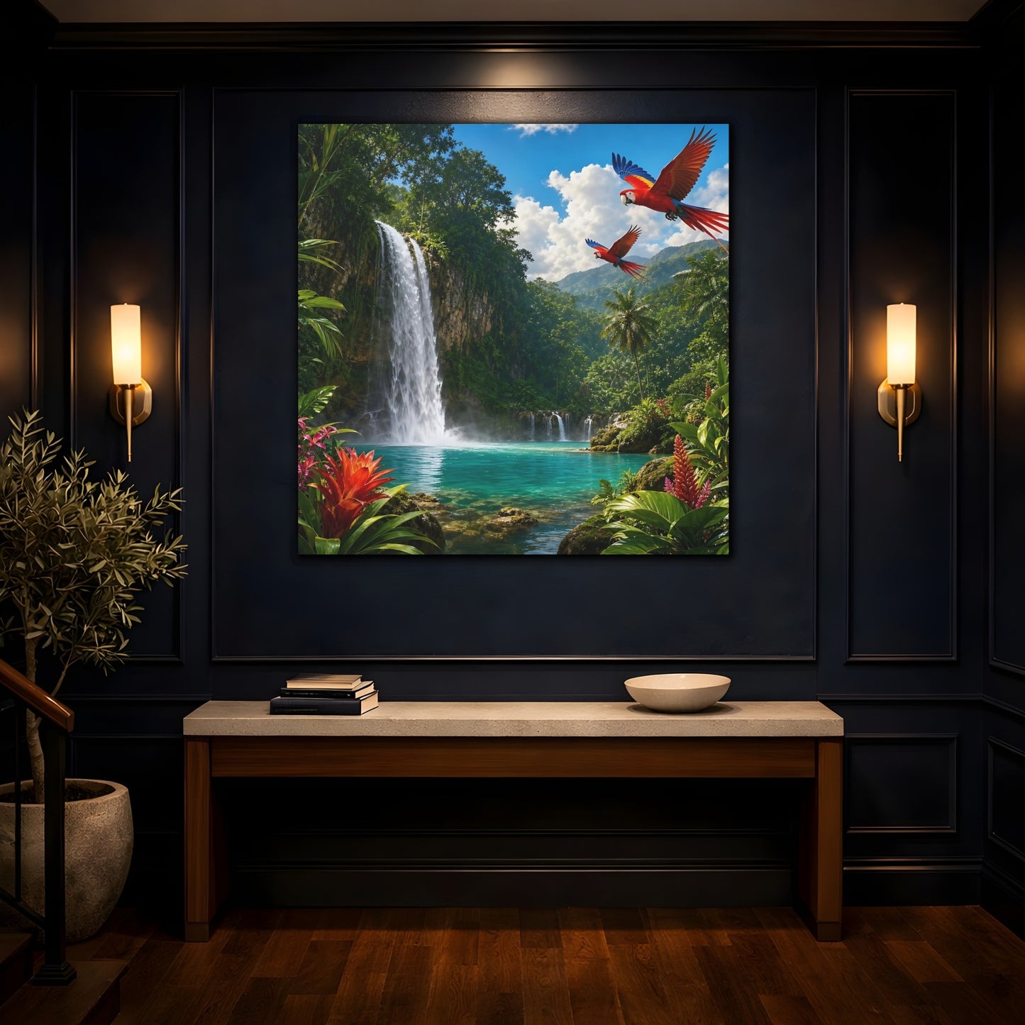 Mockup 4. Nature Tropical Waterfall Tropical Waterfall Parrots shown as stretched canvas wall art
