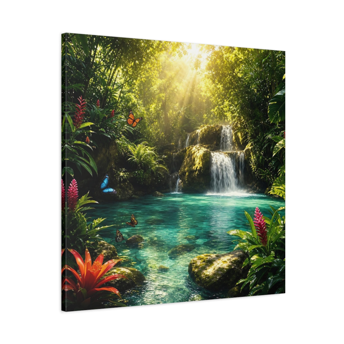 Main Mockup. Nature Tropical Waterfall Tropical Waterfall Turquoise shown as stretched canvas wall art
