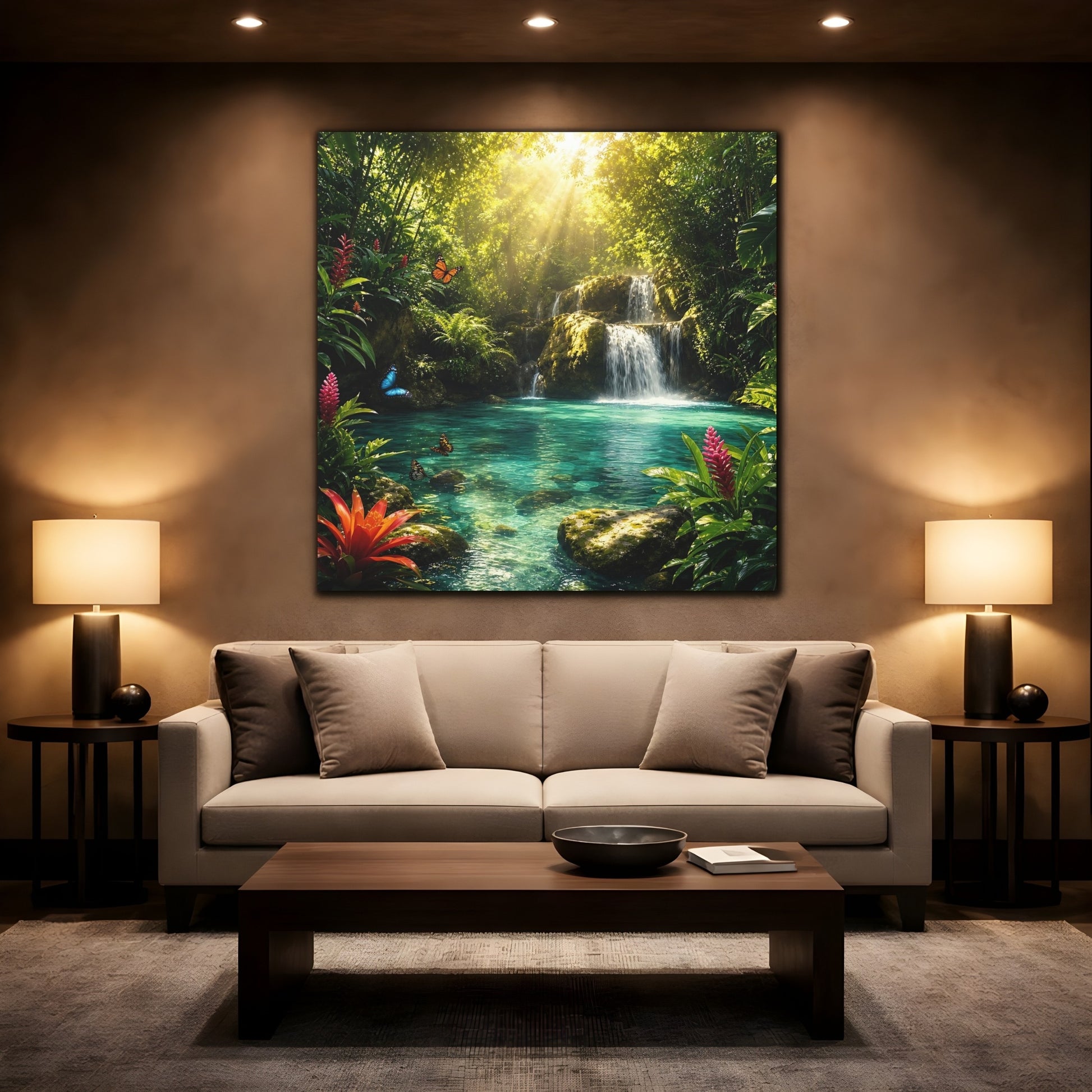 Mockup 2. Nature Tropical Waterfall Tropical Waterfall Turquoise shown as stretched canvas wall art