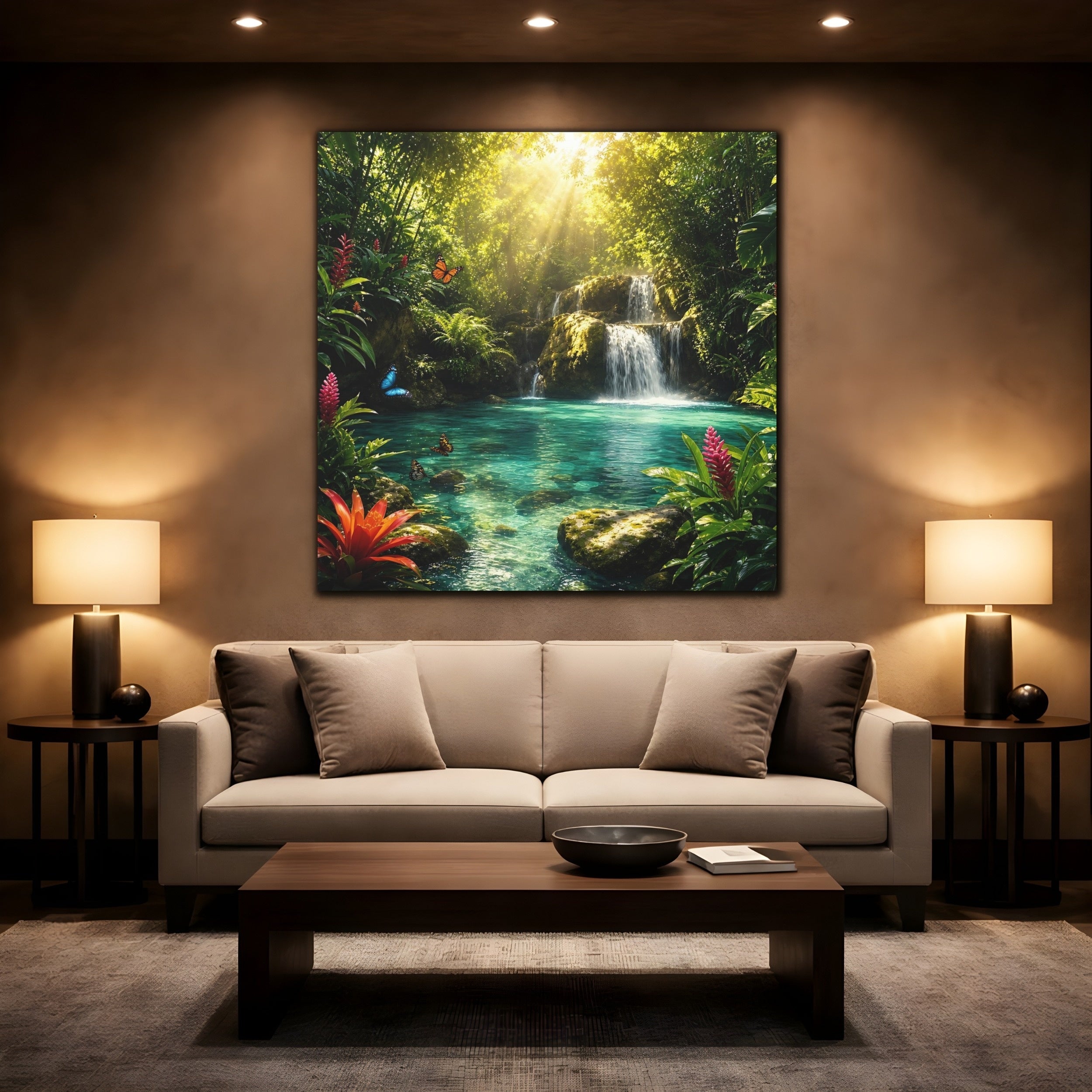 Mockup 2. Nature Tropical Waterfall Tropical Waterfall Turquoise shown as stretched canvas wall art