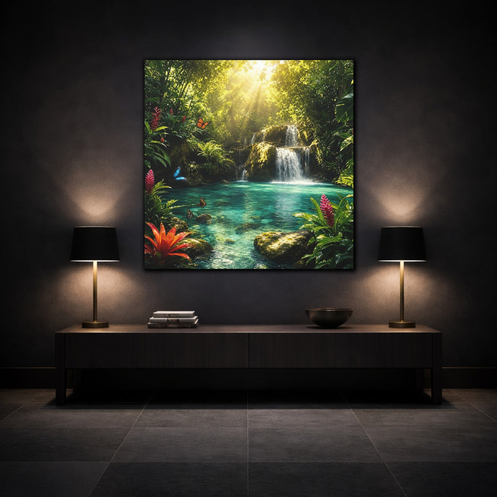 Mockup 3. Nature Tropical Waterfall Tropical Waterfall Turquoise shown as stretched canvas wall art
