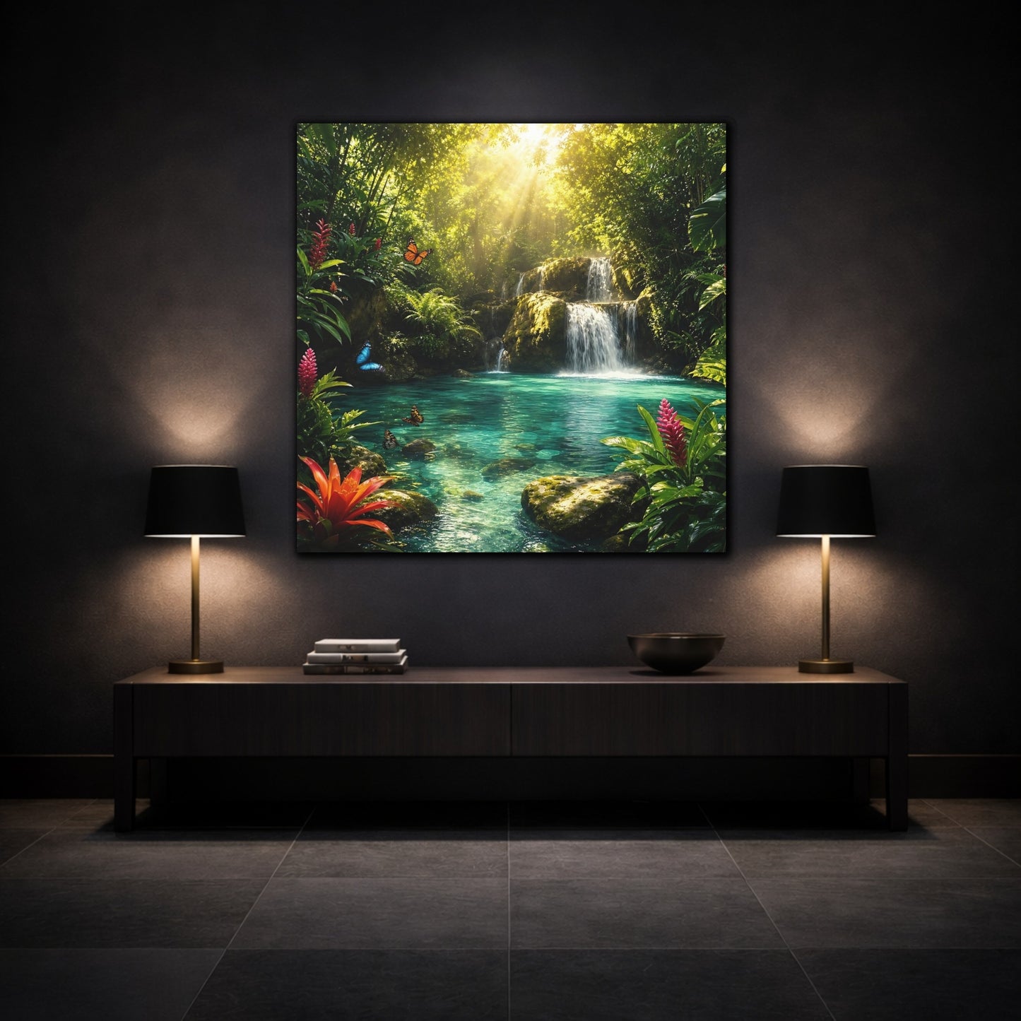 Mockup 3. Nature Tropical Waterfall Tropical Waterfall Turquoise shown as stretched canvas wall art