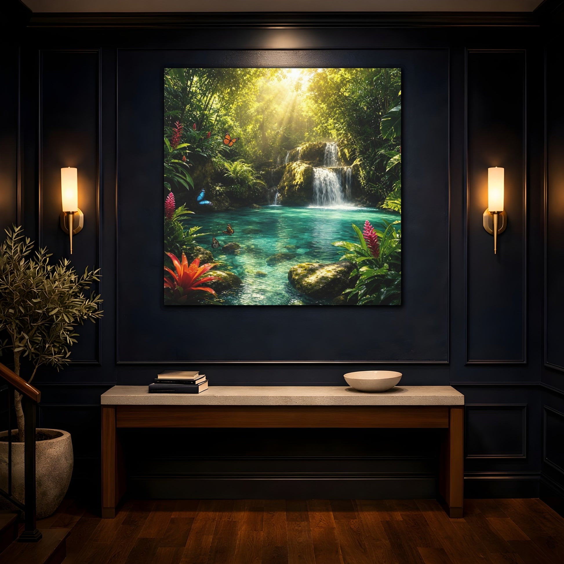 Mockup 4. Nature Tropical Waterfall Tropical Waterfall Turquoise shown as stretched canvas wall art