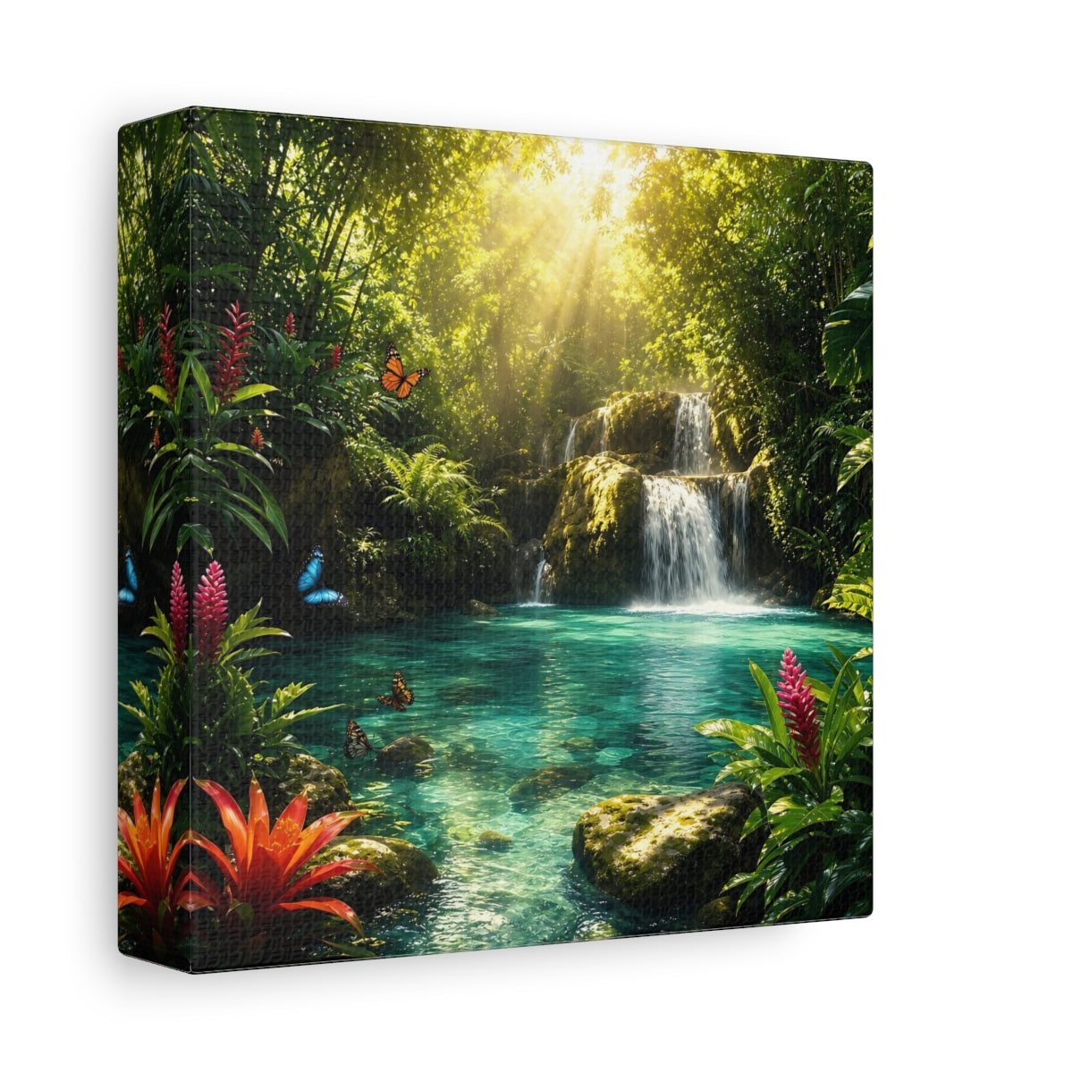 Side Mockup 2. Nature Tropical Waterfall Tropical Waterfall Turquoise shown as stretched canvas wall art