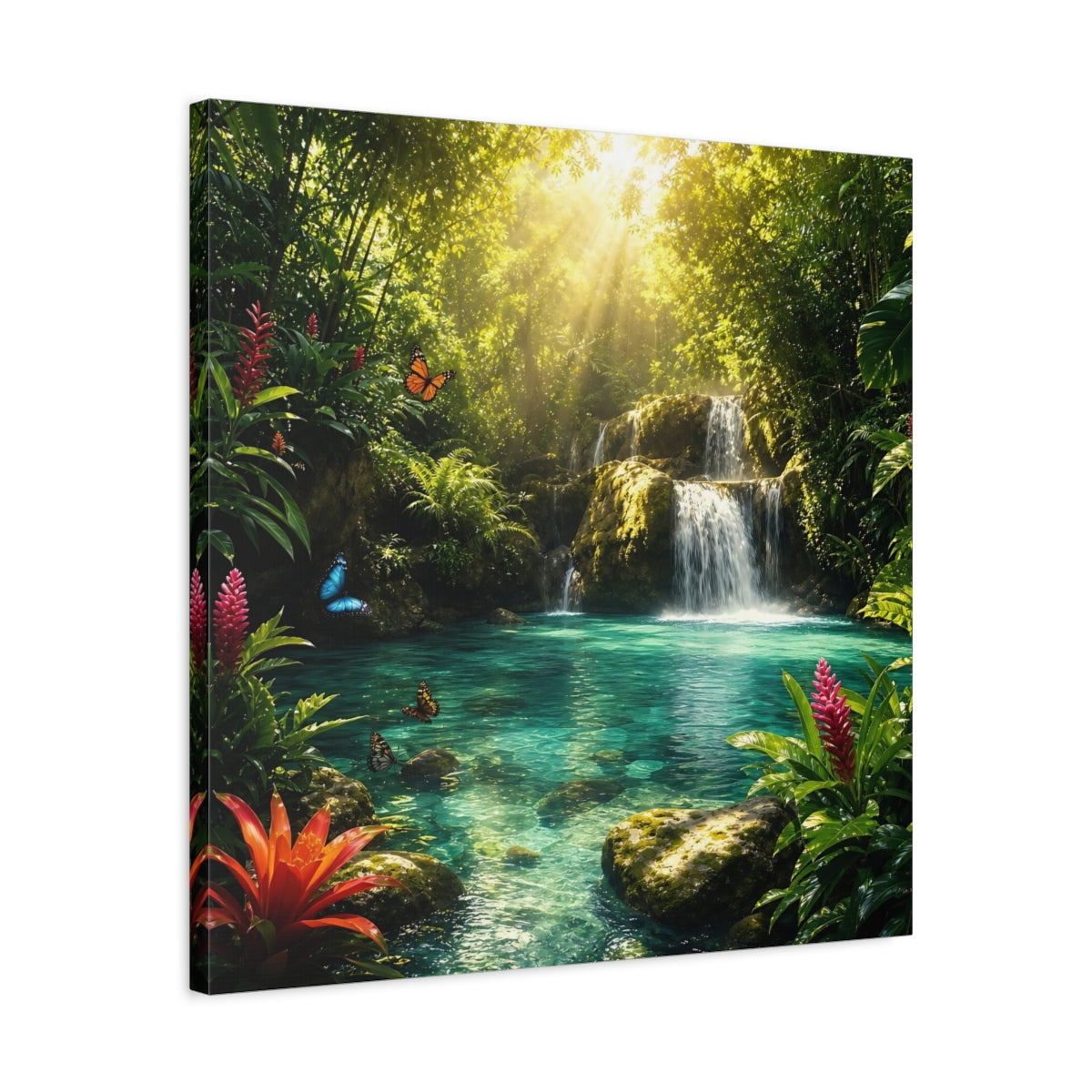 Side Mockup 4. Nature Tropical Waterfall Tropical Waterfall Turquoise shown as stretched canvas wall art