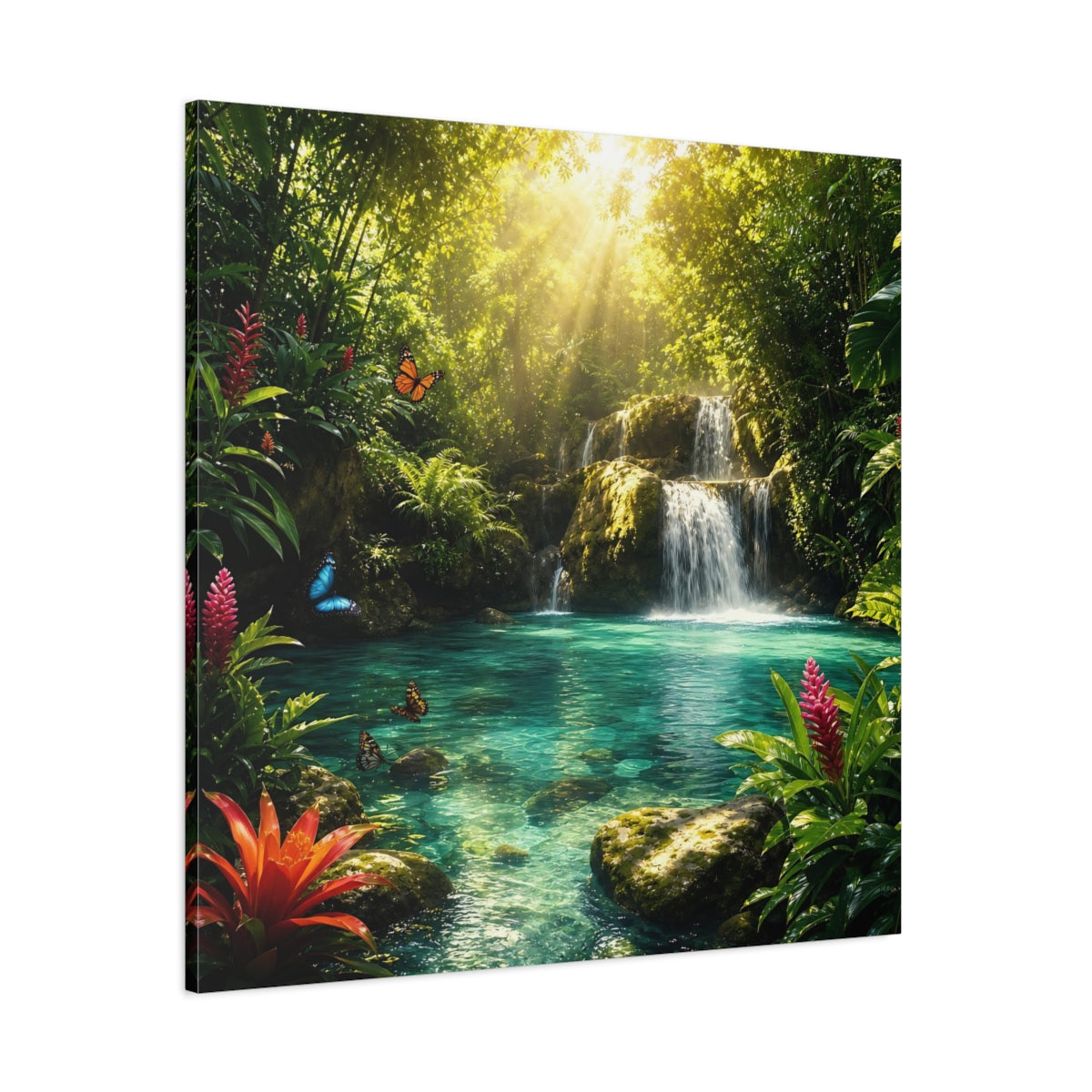 Side Mockup 1. Nature Tropical Waterfall Tropical Waterfall Turquoise shown as stretched canvas wall art