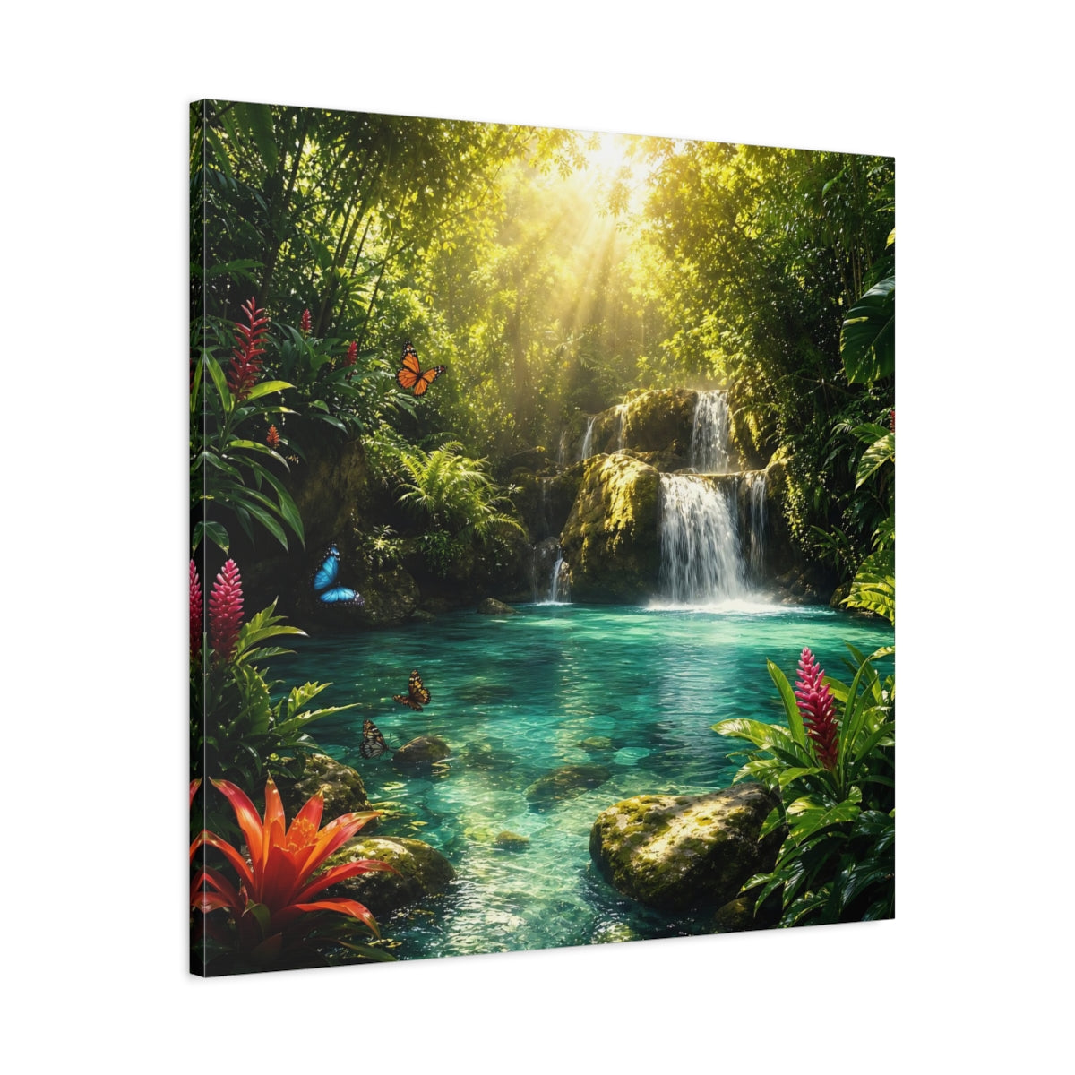 Side Mockup 3. Nature Tropical Waterfall Tropical Waterfall Turquoise shown as stretched canvas wall art