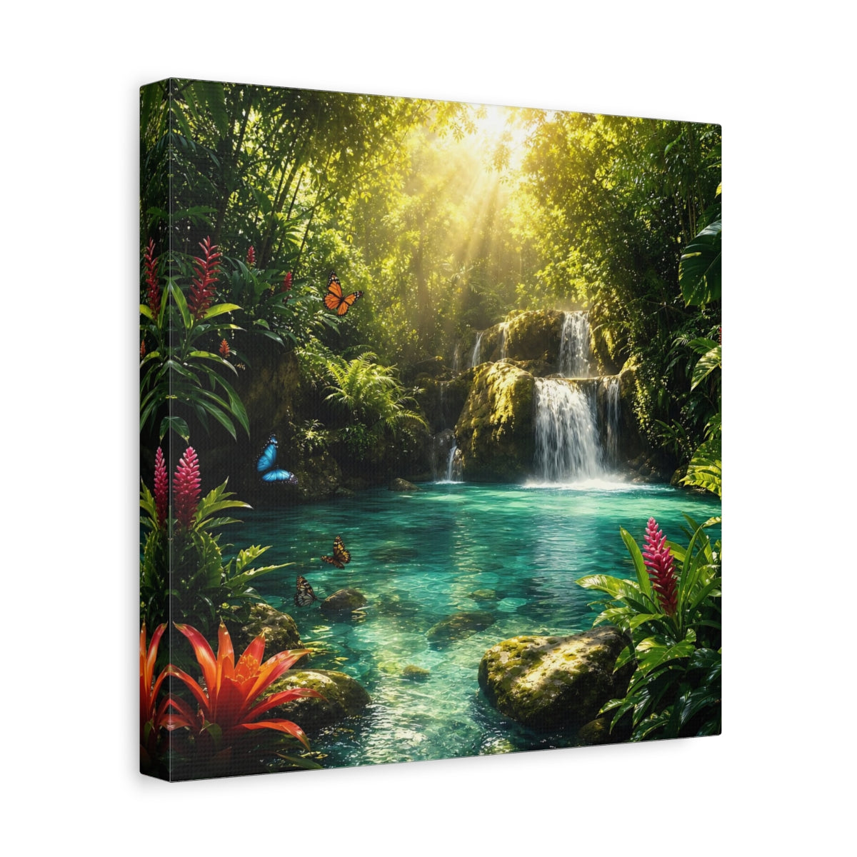 Side Mockup 8. Nature Tropical Waterfall Tropical Waterfall Turquoise shown as stretched canvas wall art