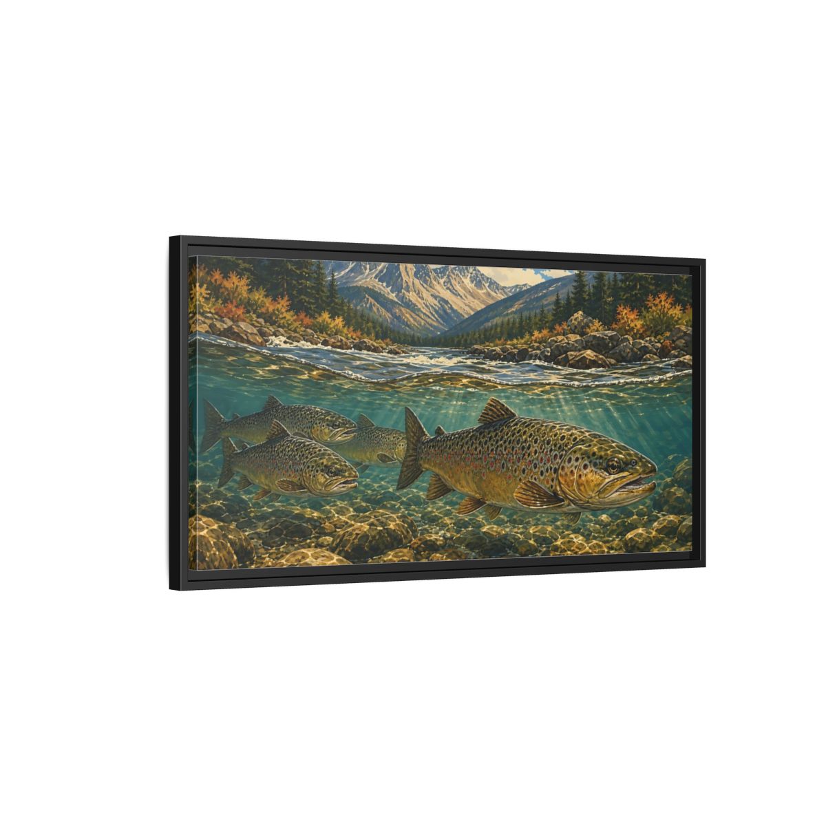Side Mockup 2. Nature Trout Fish Brown Trout River shown as stretched canvas wall art