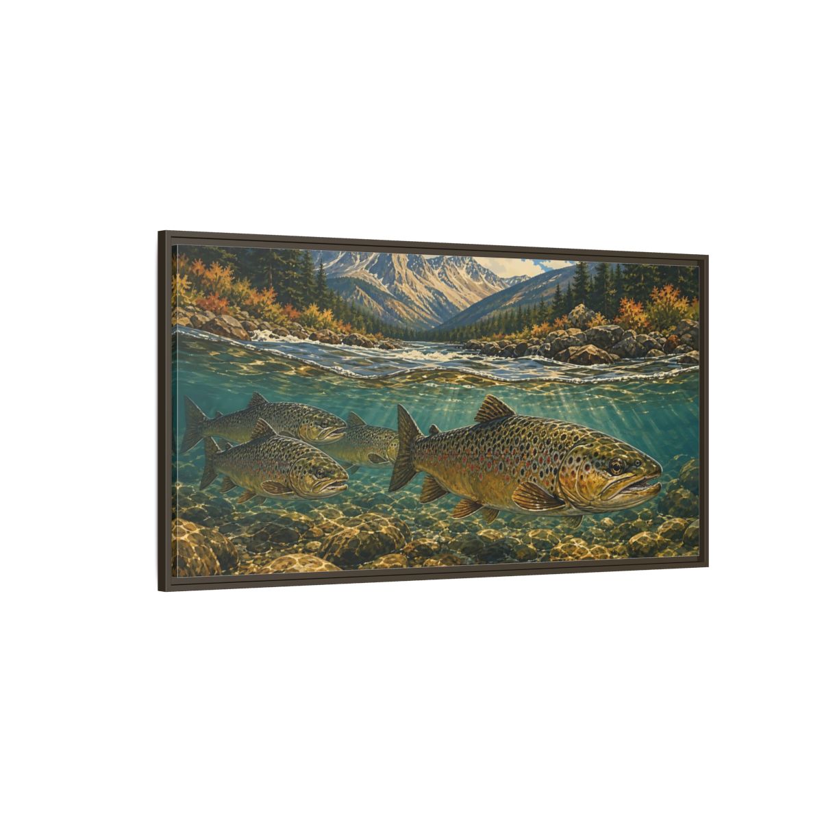 Side Mockup 4. Nature Trout Fish Brown Trout River shown as stretched canvas wall art