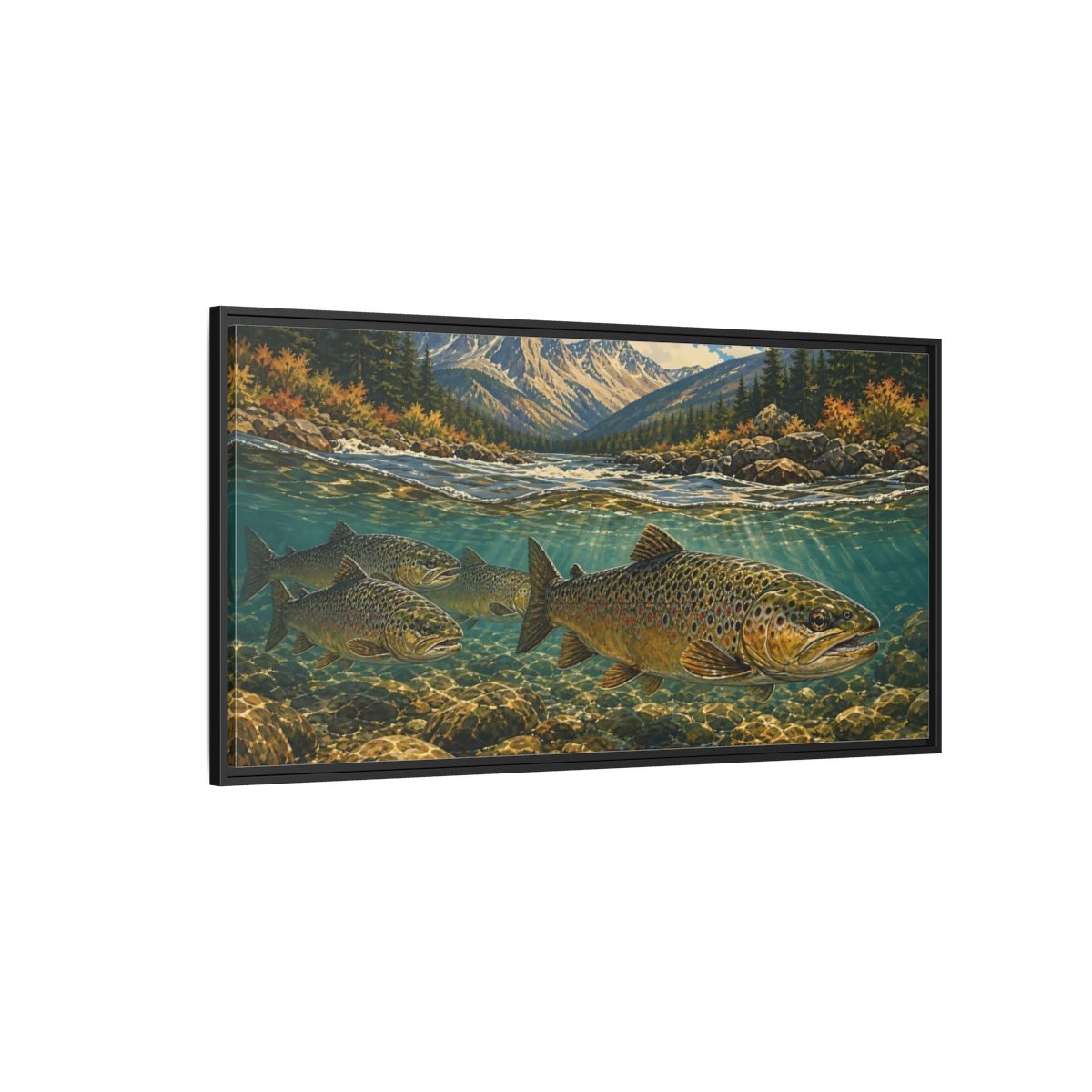 Side Mockup 5. Nature Trout Fish Brown Trout River shown as stretched canvas wall art
