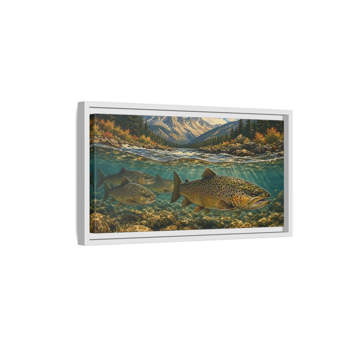 Side Mockup 6. Nature Trout Fish Brown Trout River shown as stretched canvas wall art