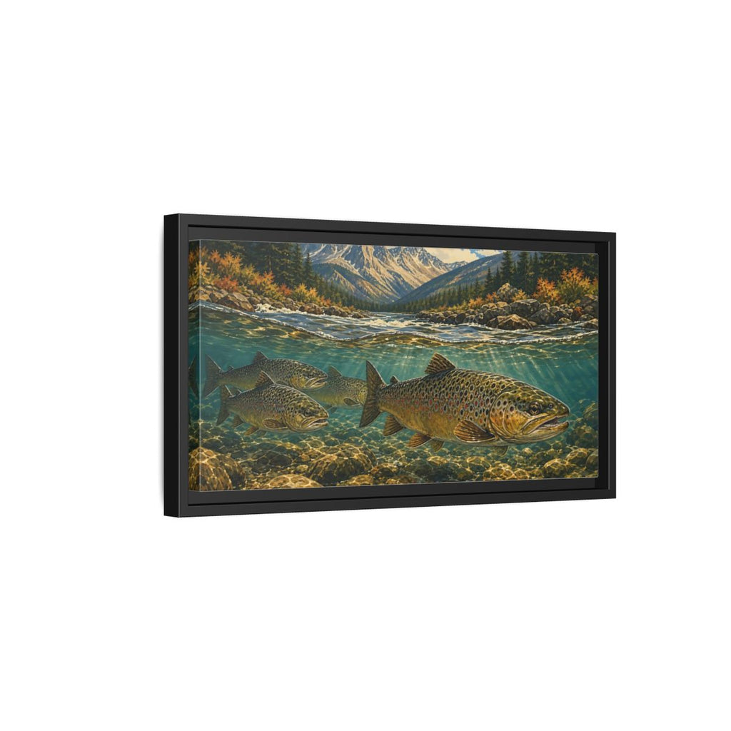 Side Mockup 8. Nature Trout Fish Brown Trout River shown as stretched canvas wall art