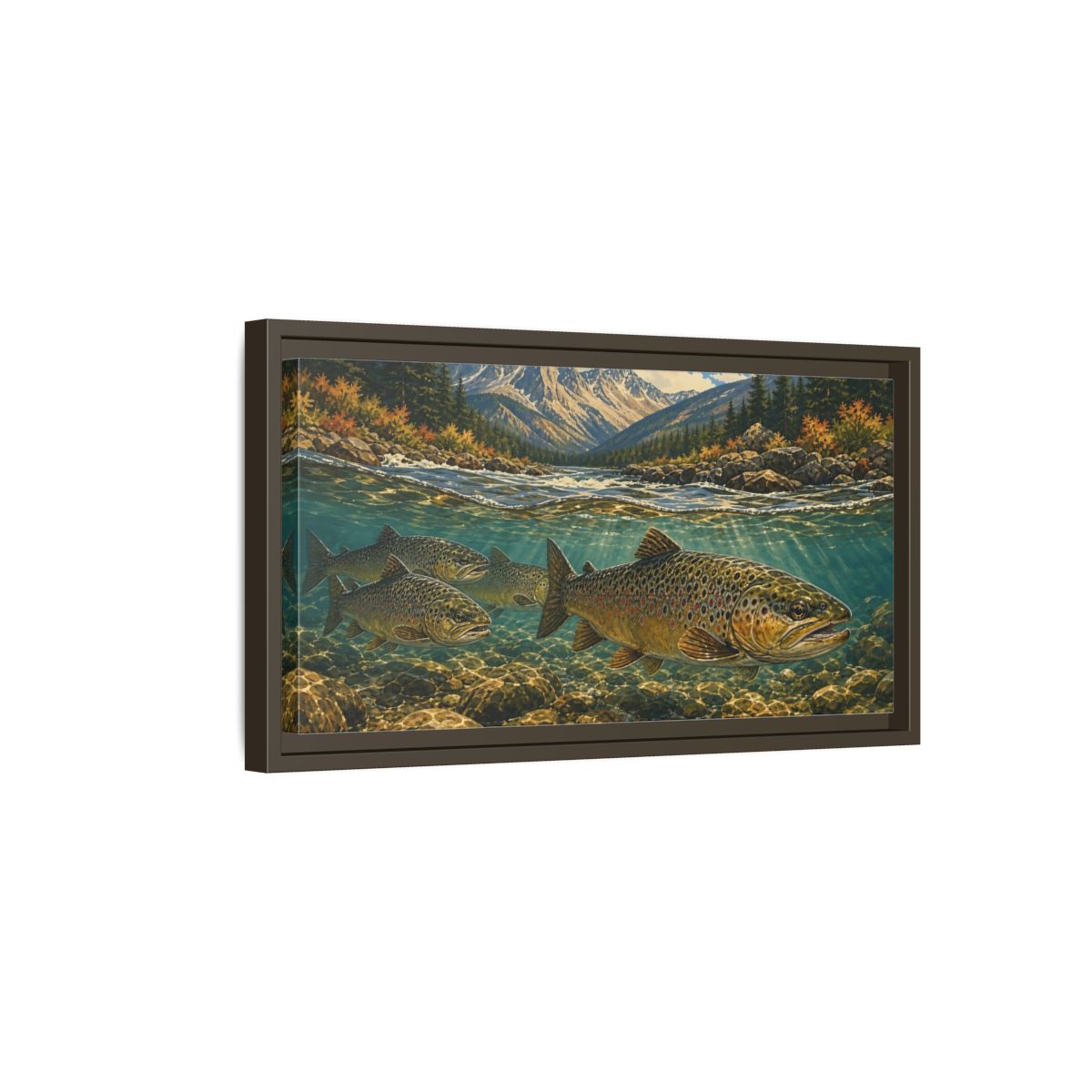 Side Mockup 7. Nature Trout Fish Brown Trout River shown as stretched canvas wall art