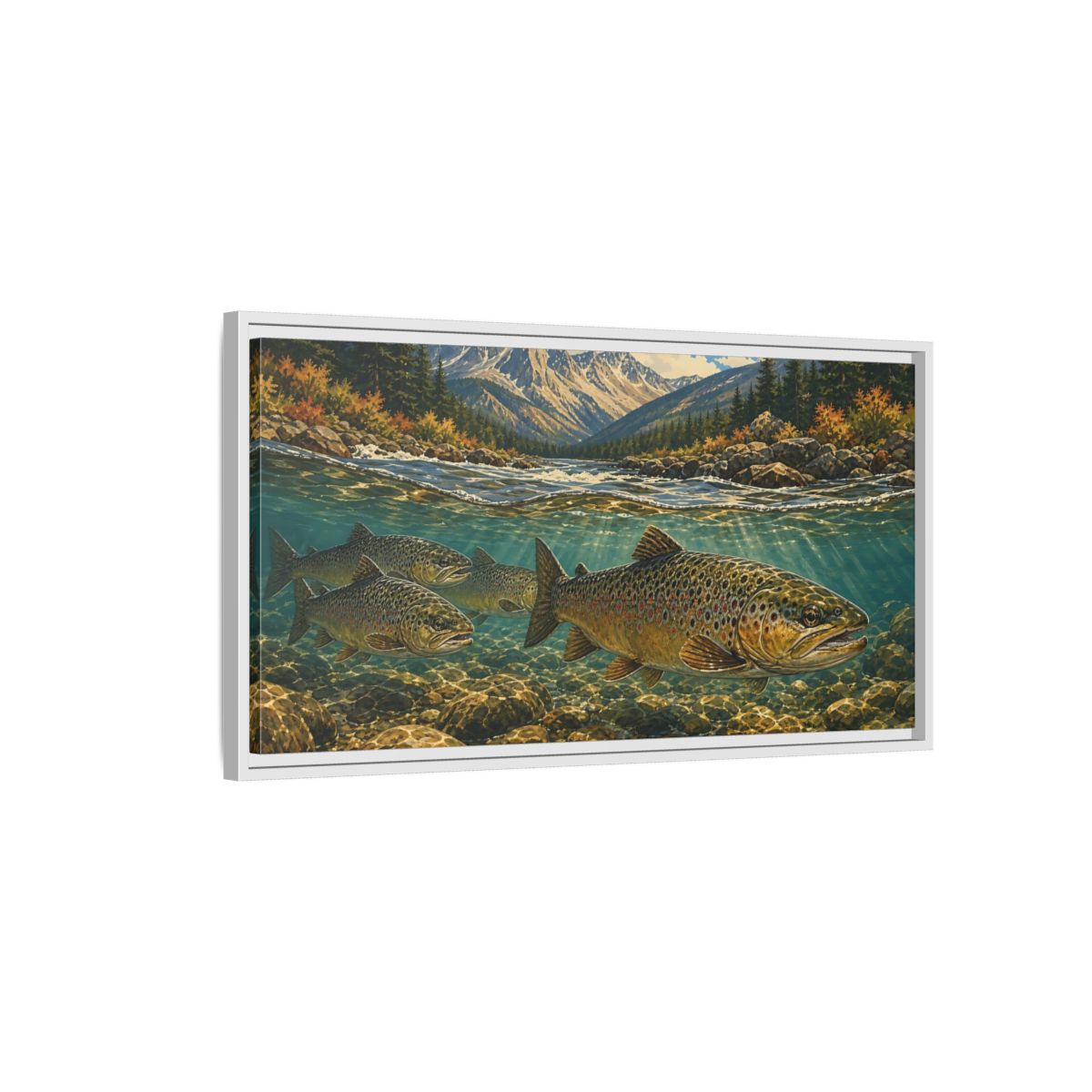 Side Mockup 1. Nature Trout Fish Brown Trout River shown as stretched canvas wall art