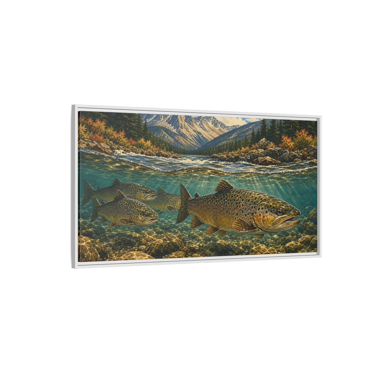 Side Mockup 3. Nature Trout Fish Brown Trout River shown as stretched canvas wall art