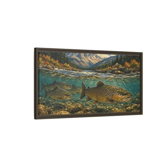 Main Mockup. Nature Trout Fish Brown Trout River shown as stretched canvas wall art