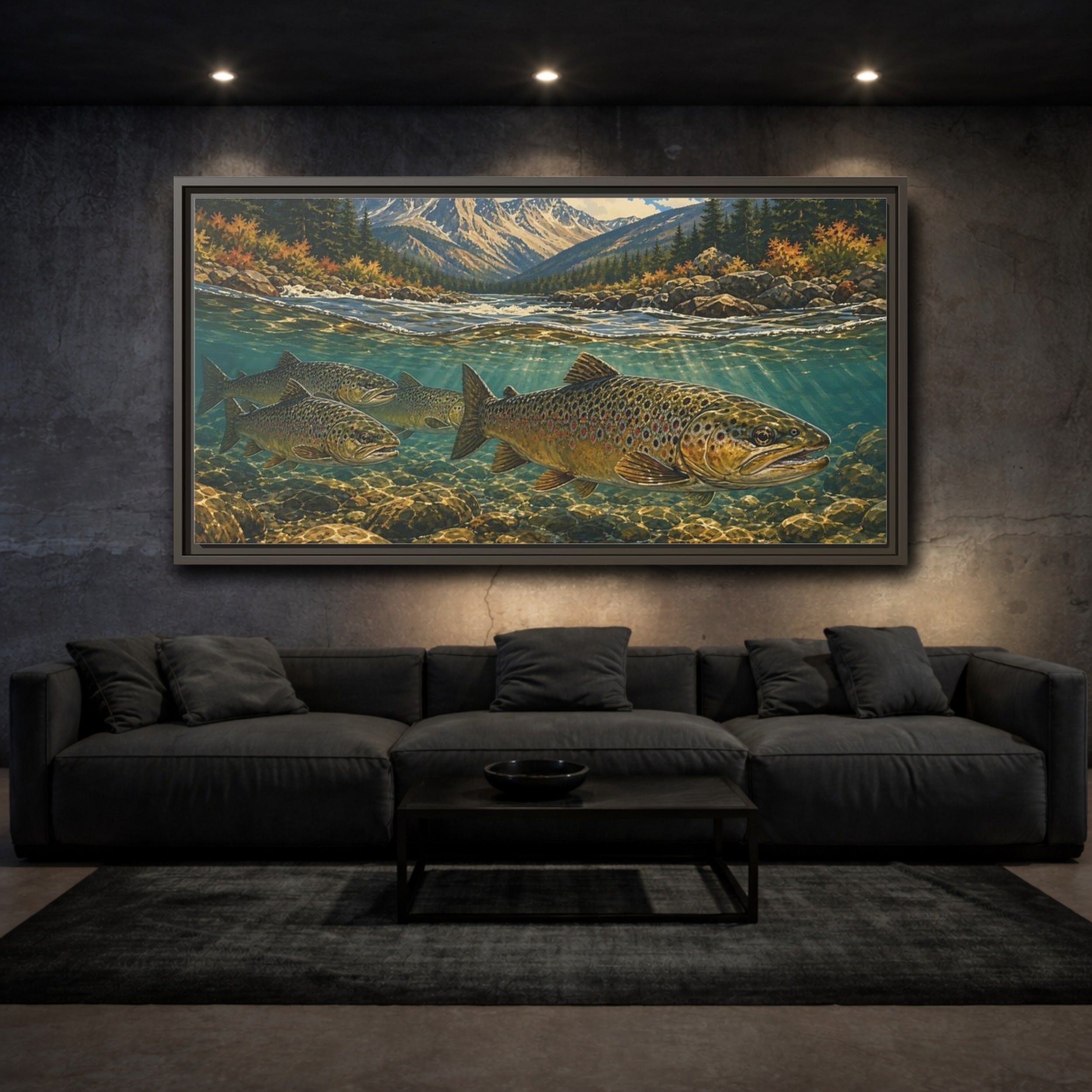 Mockup 3. Nature Trout Fish Brown Trout River shown as stretched canvas wall art