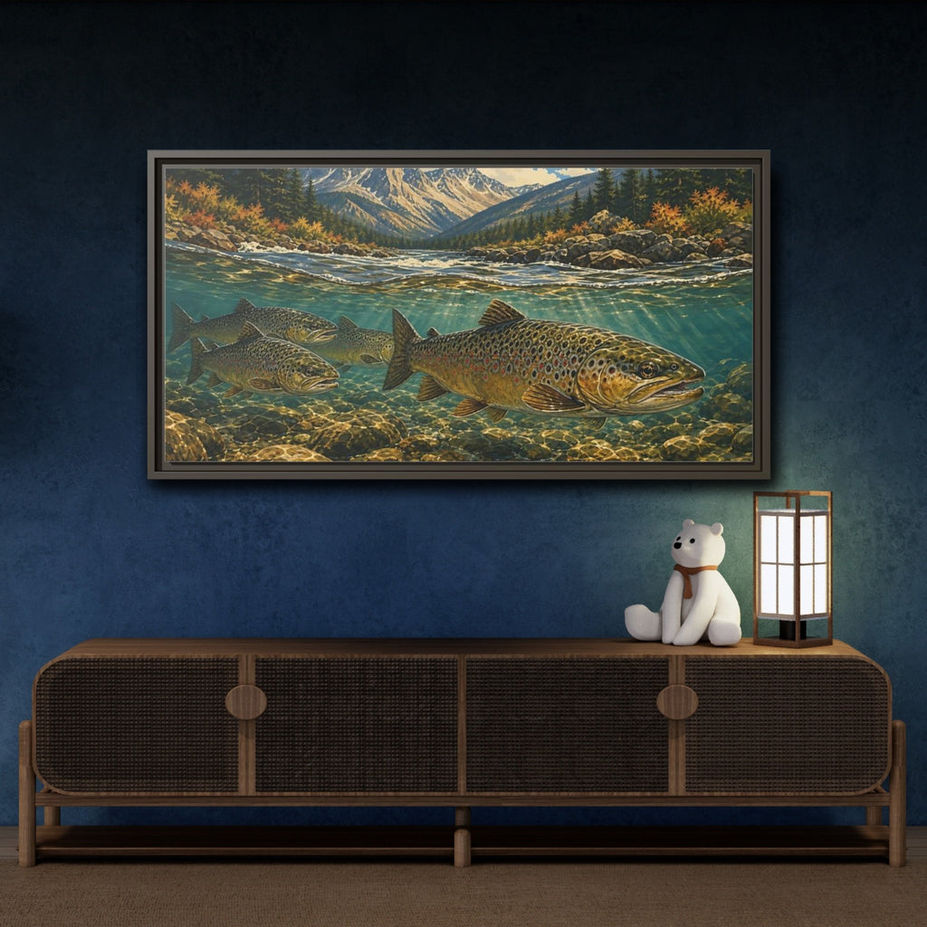 Mockup 4. Nature Trout Fish Brown Trout River shown as stretched canvas wall art