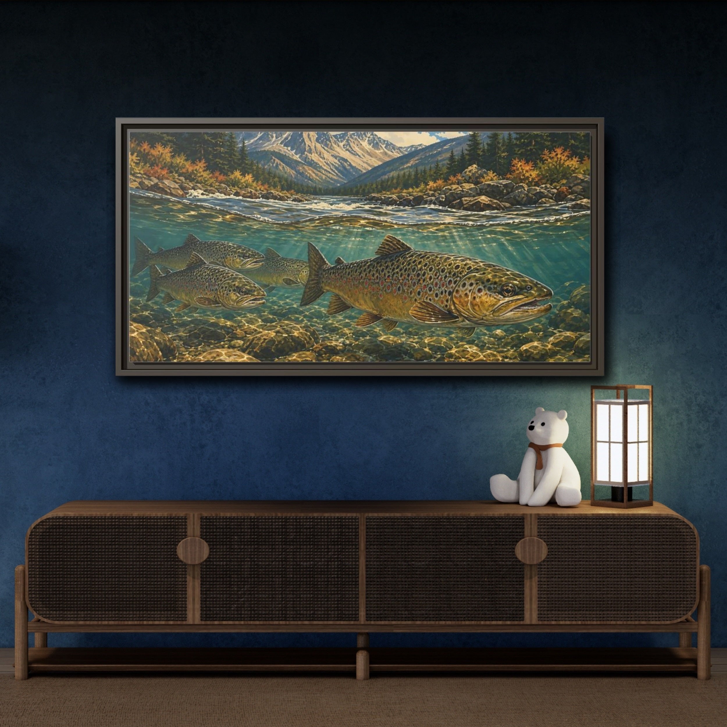 Mockup 4. Nature Trout Fish Brown Trout River shown as stretched canvas wall art