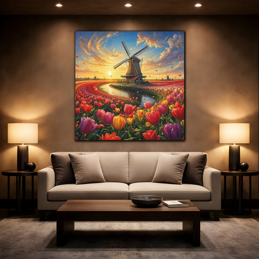 Mockup 2. Nature Tulip Field Colorful Tulip Field shown as stretched canvas wall art