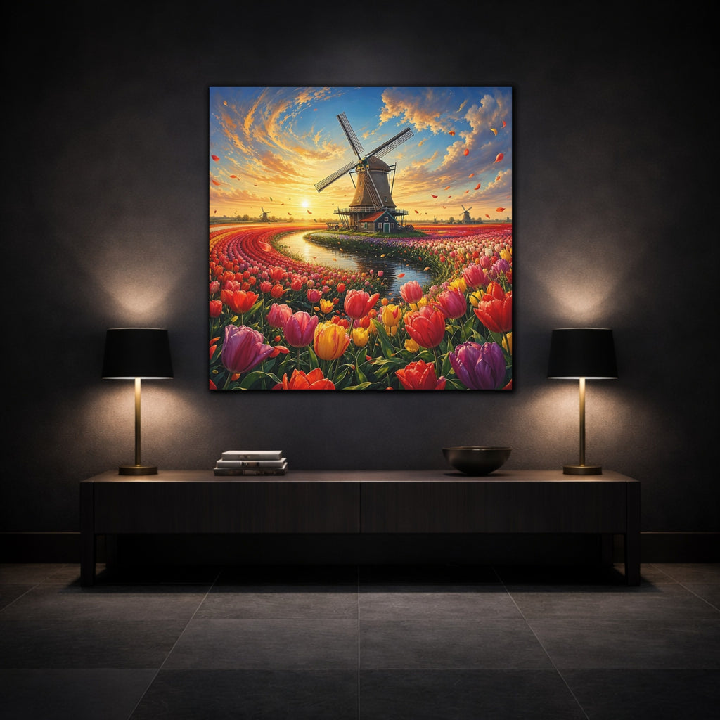 Mockup 3. Nature Tulip Field Colorful Tulip Field shown as stretched canvas wall art