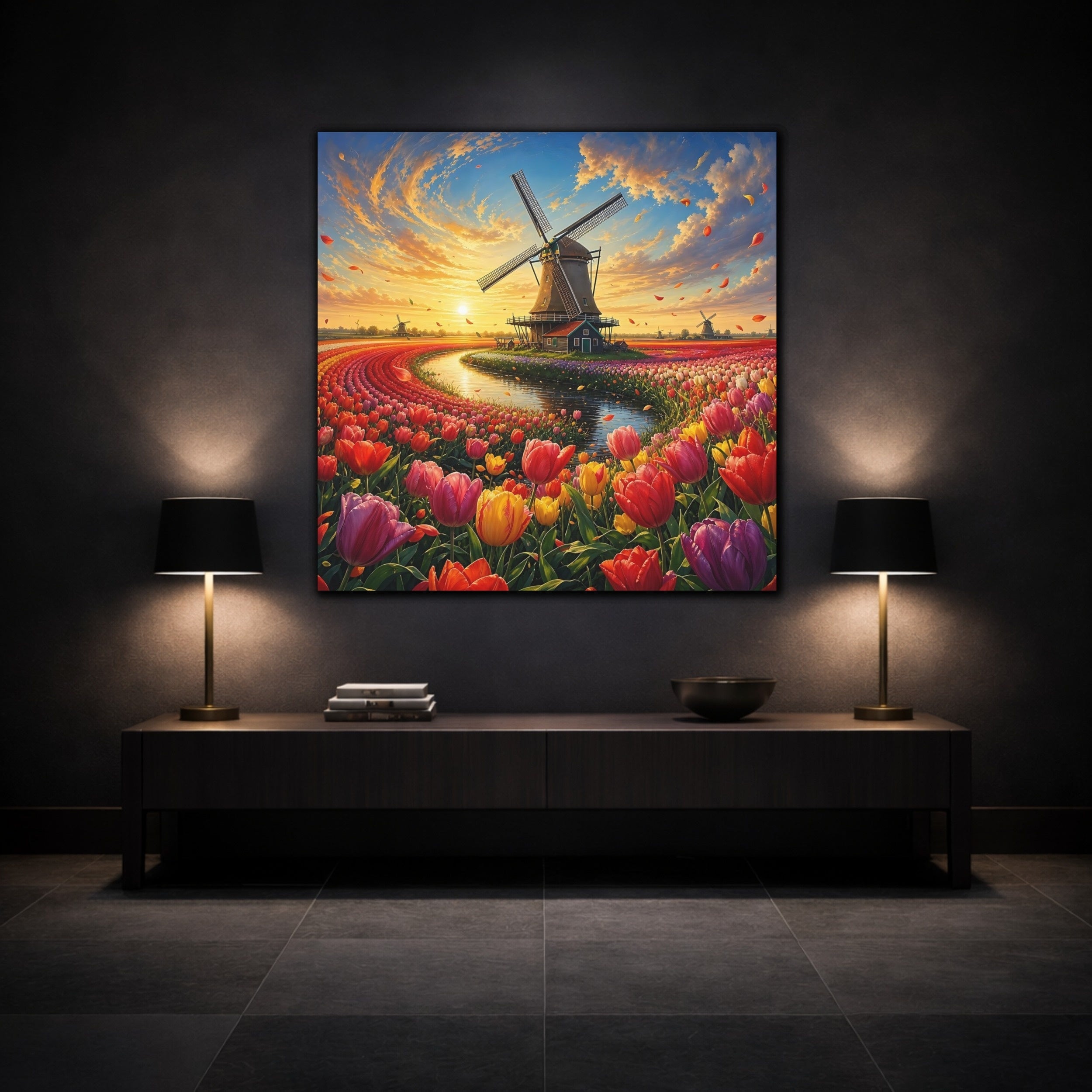 Mockup 3. Nature Tulip Field Colorful Tulip Field shown as stretched canvas wall art