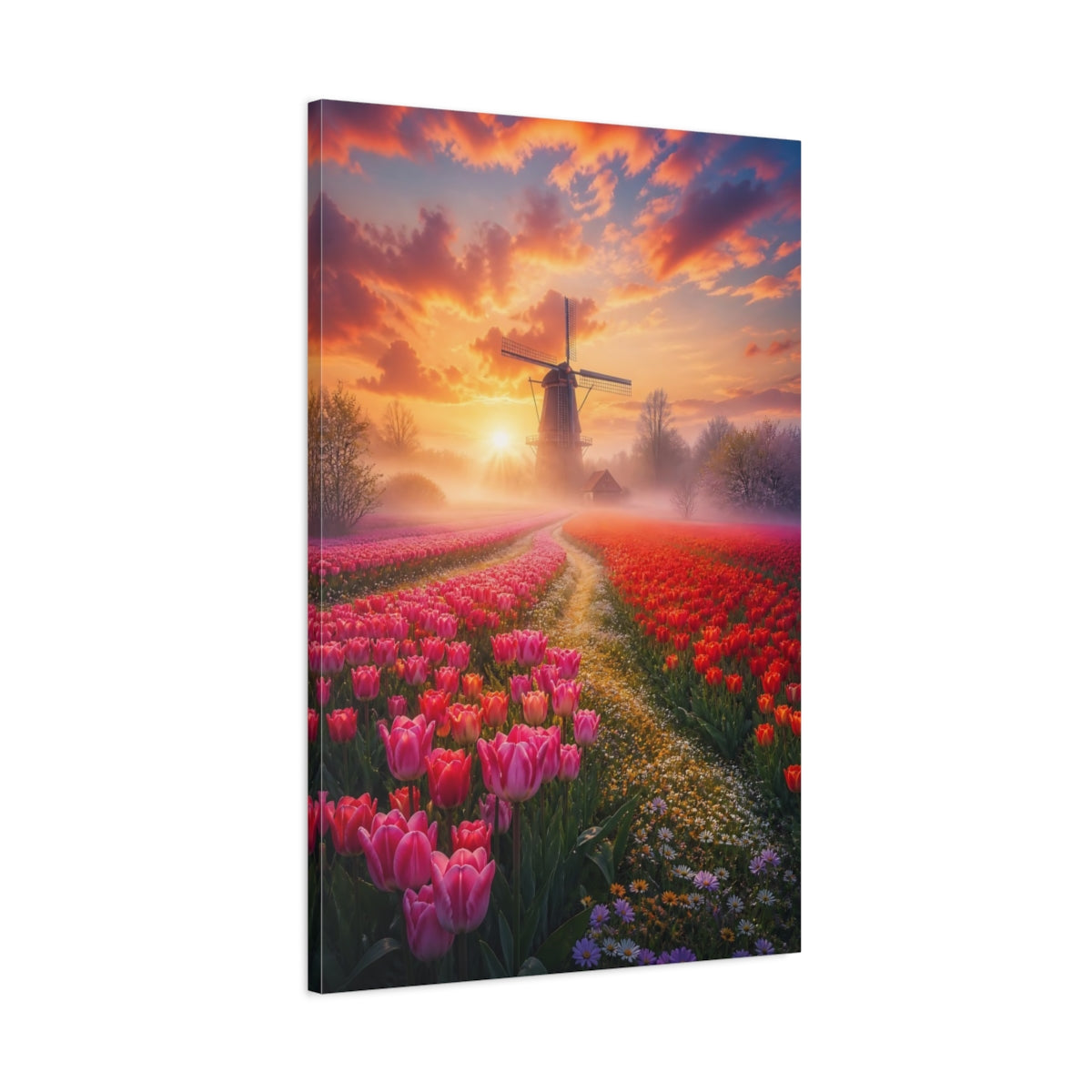 Main Mockup. Nature Tulip Field Tulip Field Sunset shown as stretched canvas wall art