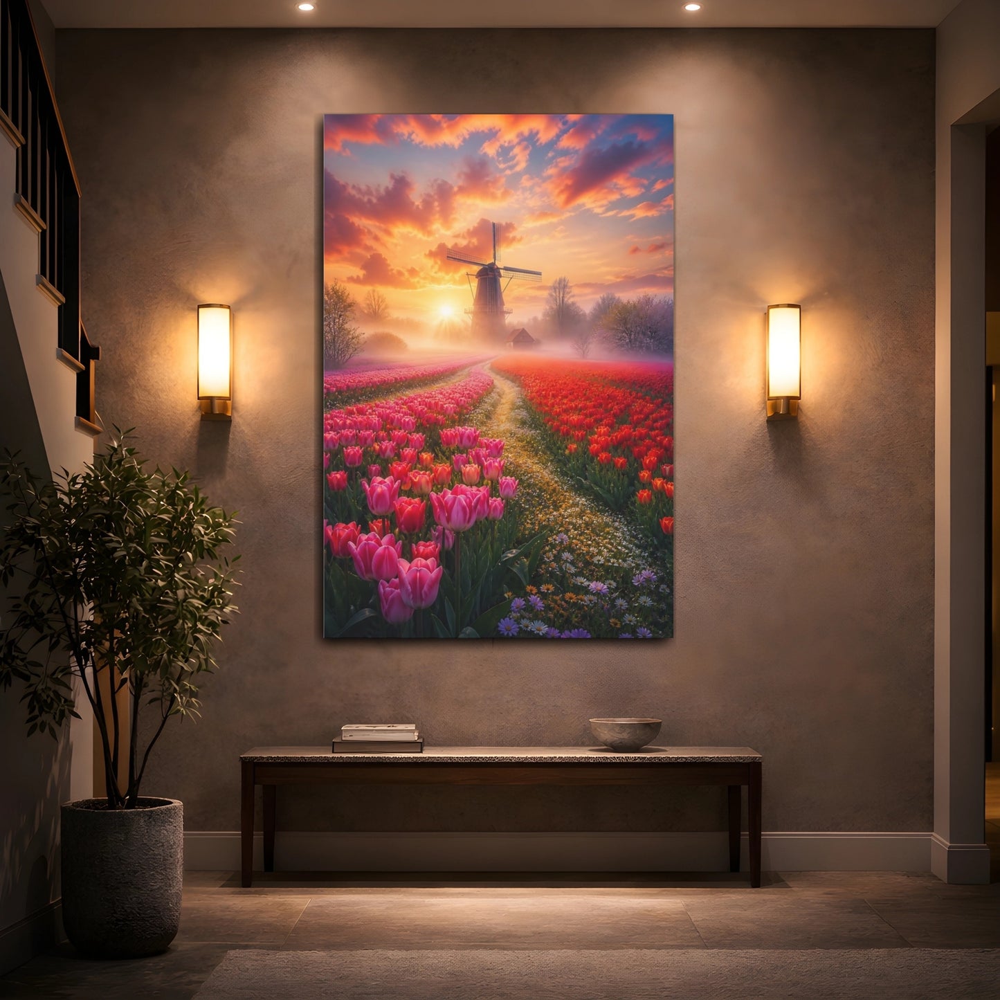 Mockup 2. Nature Tulip Field Tulip Field Sunset shown as stretched canvas wall art