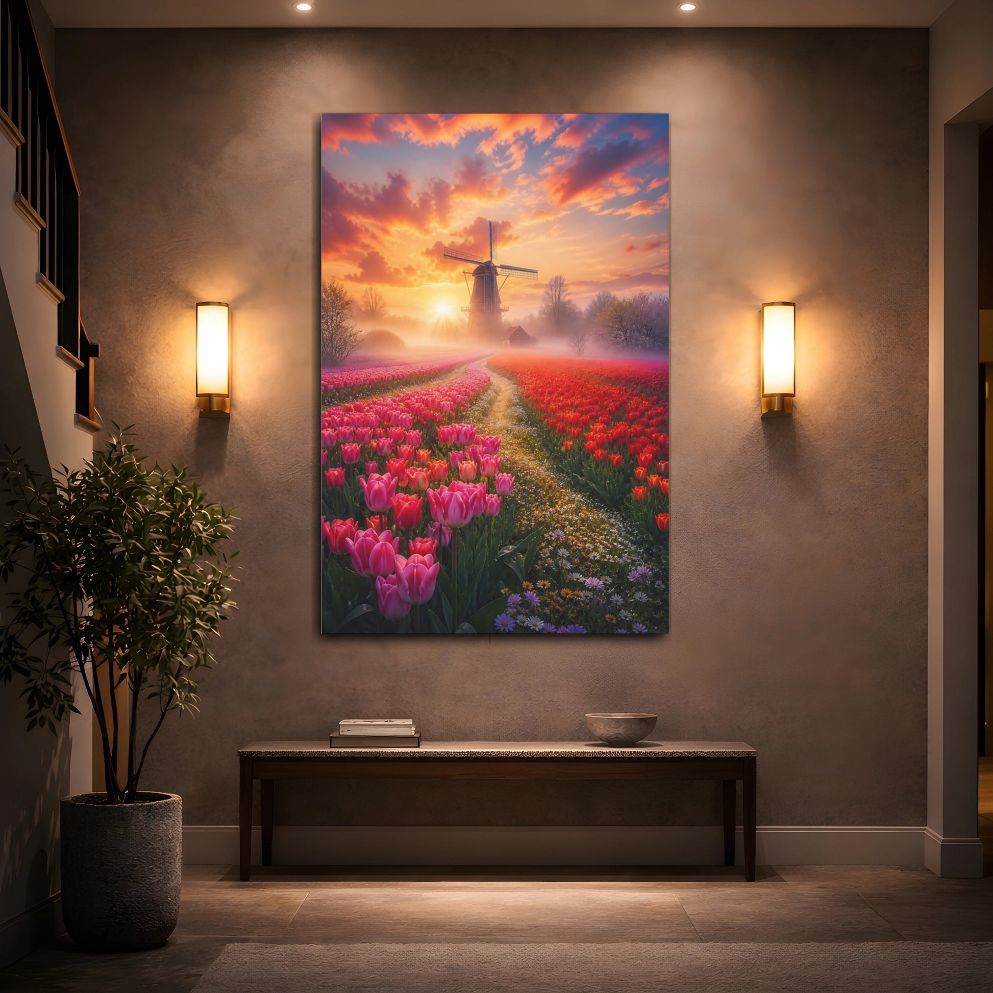 Mockup 2. Nature Tulip Field Tulip Field Sunset shown as stretched canvas wall art