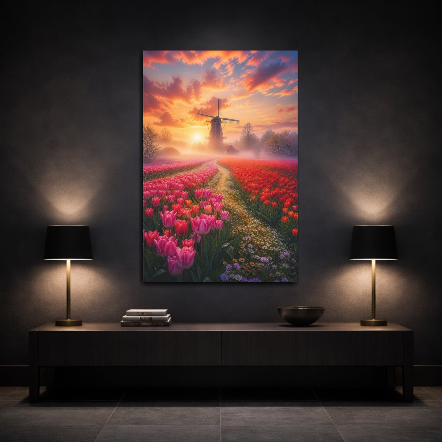 Mockup 3. Nature Tulip Field Tulip Field Sunset shown as stretched canvas wall art