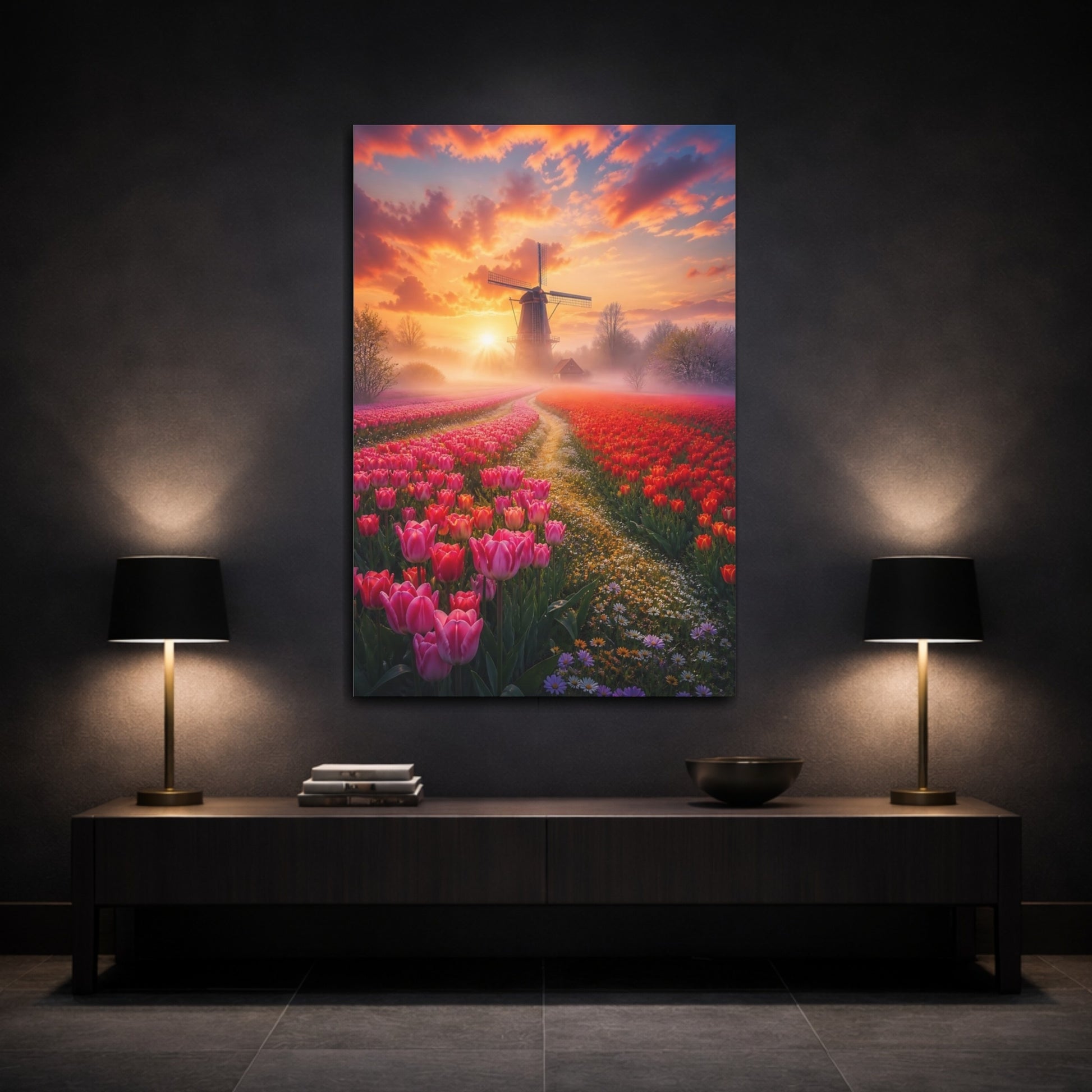 Mockup 3. Nature Tulip Field Tulip Field Sunset shown as stretched canvas wall art