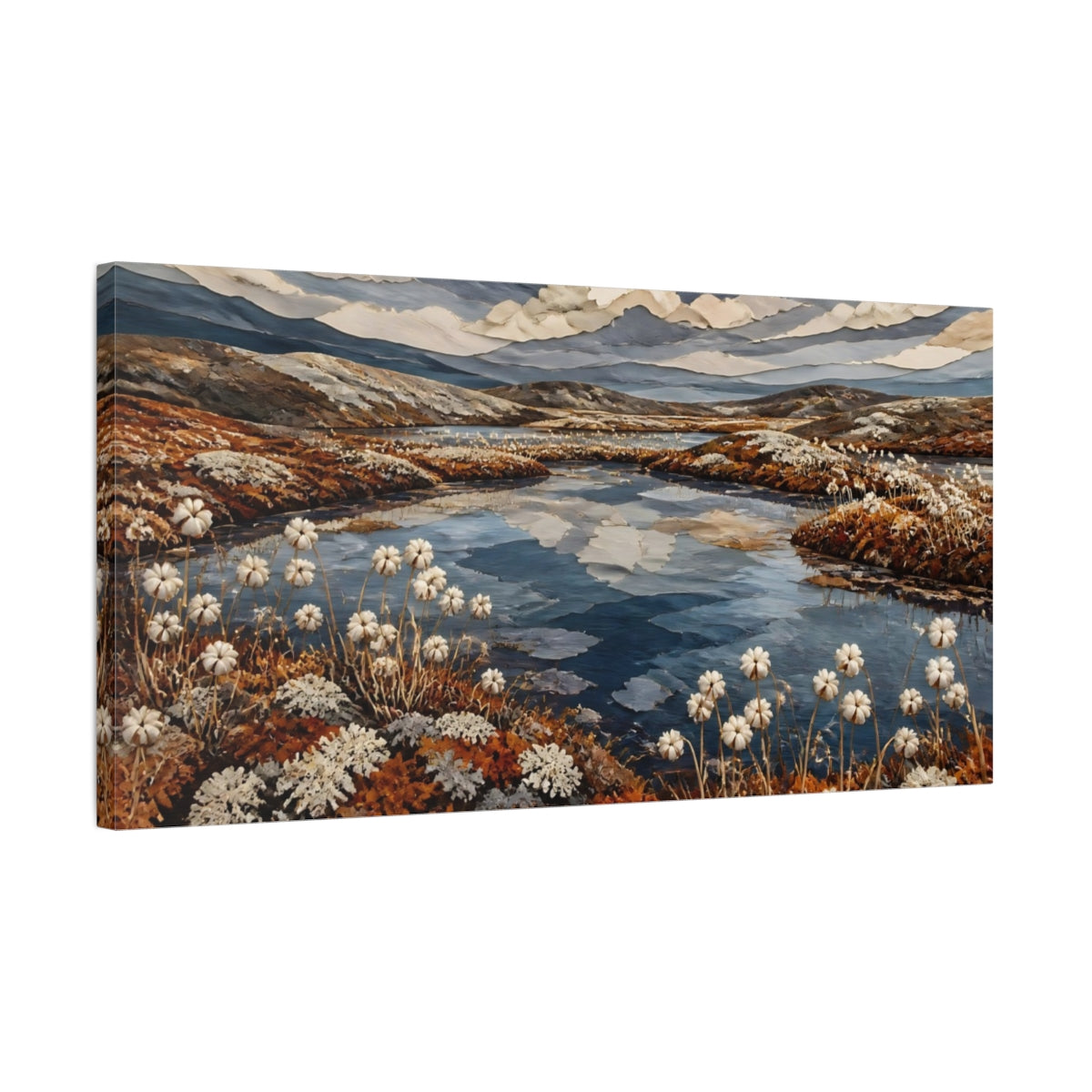 Side Mockup 1. Nature Tundra Pool With Cottongrass shown as canvas print
