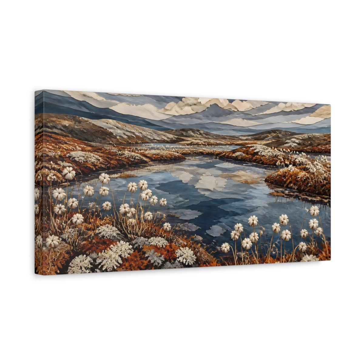 Side Mockup 3. Nature Tundra Pool With Cottongrass shown as canvas print