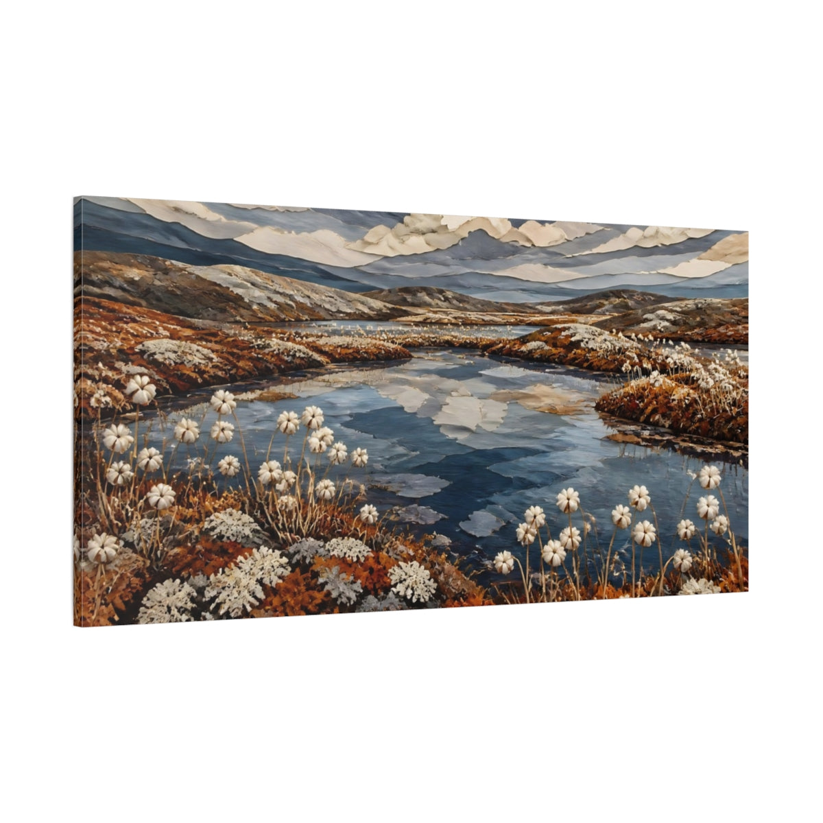 Side Mockup 2. Nature Tundra Pool With Cottongrass shown as canvas print