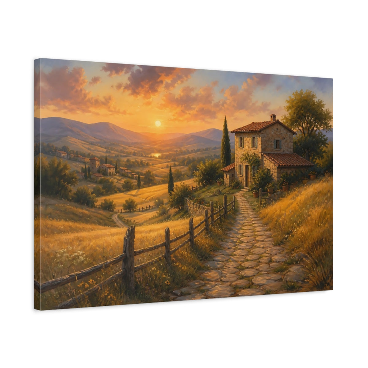 Side Mockup 2. Nature Tuscan House Tuscan Sunset shown as stretched canvas wall art