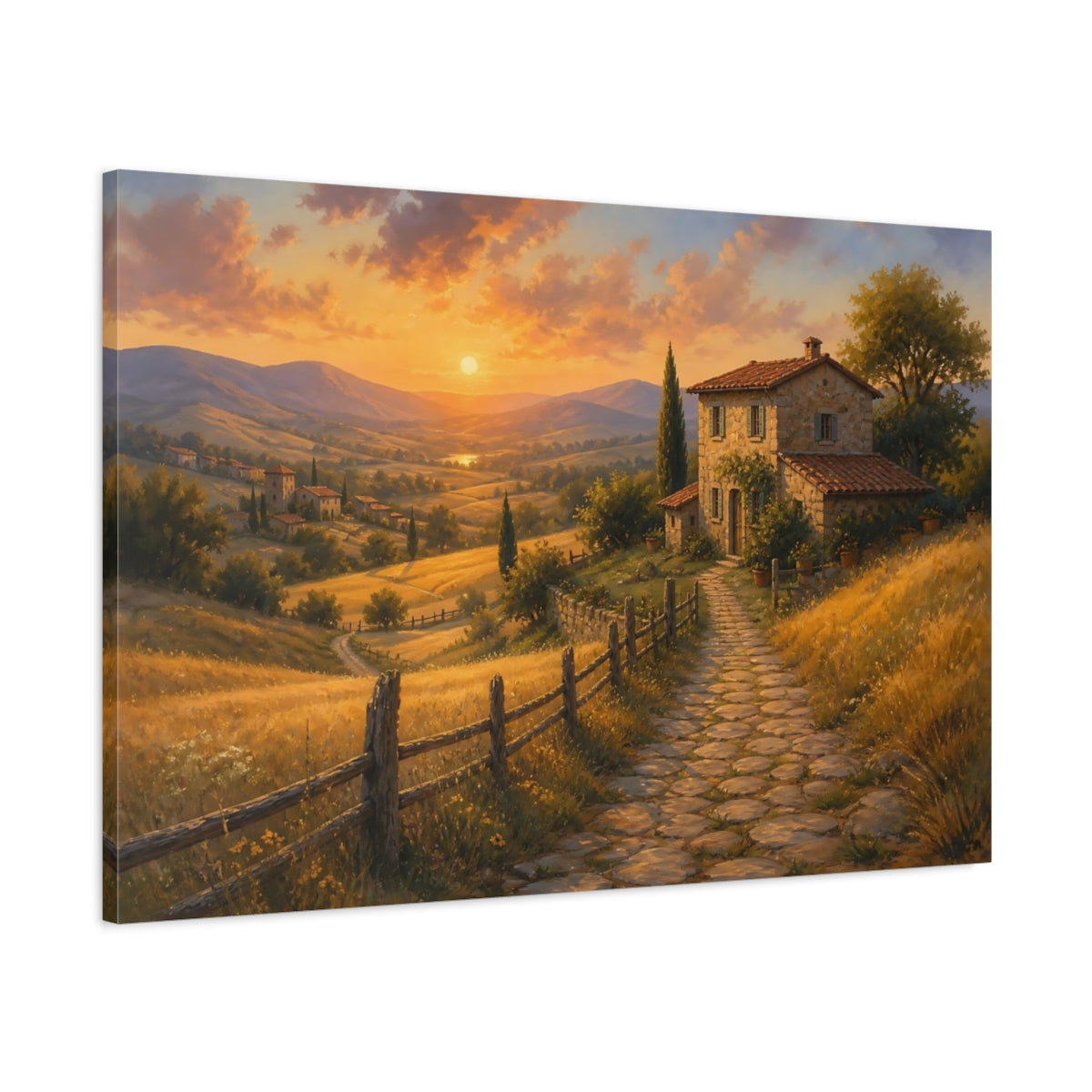 Main Mockup. Nature Tuscan House Tuscan Sunset shown as stretched canvas wall art