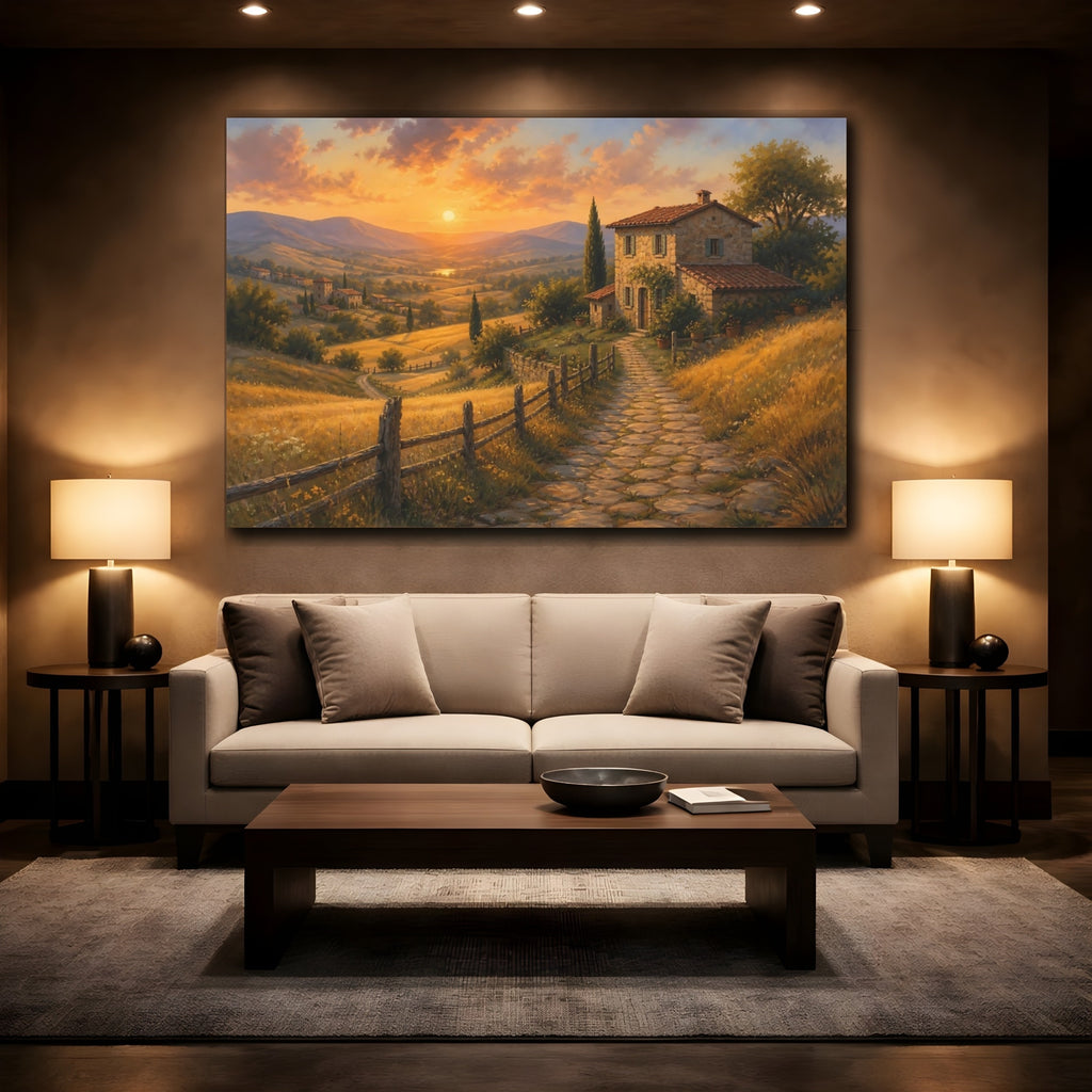 Mockup 2. Nature Tuscan House Tuscan Sunset shown as stretched canvas wall art