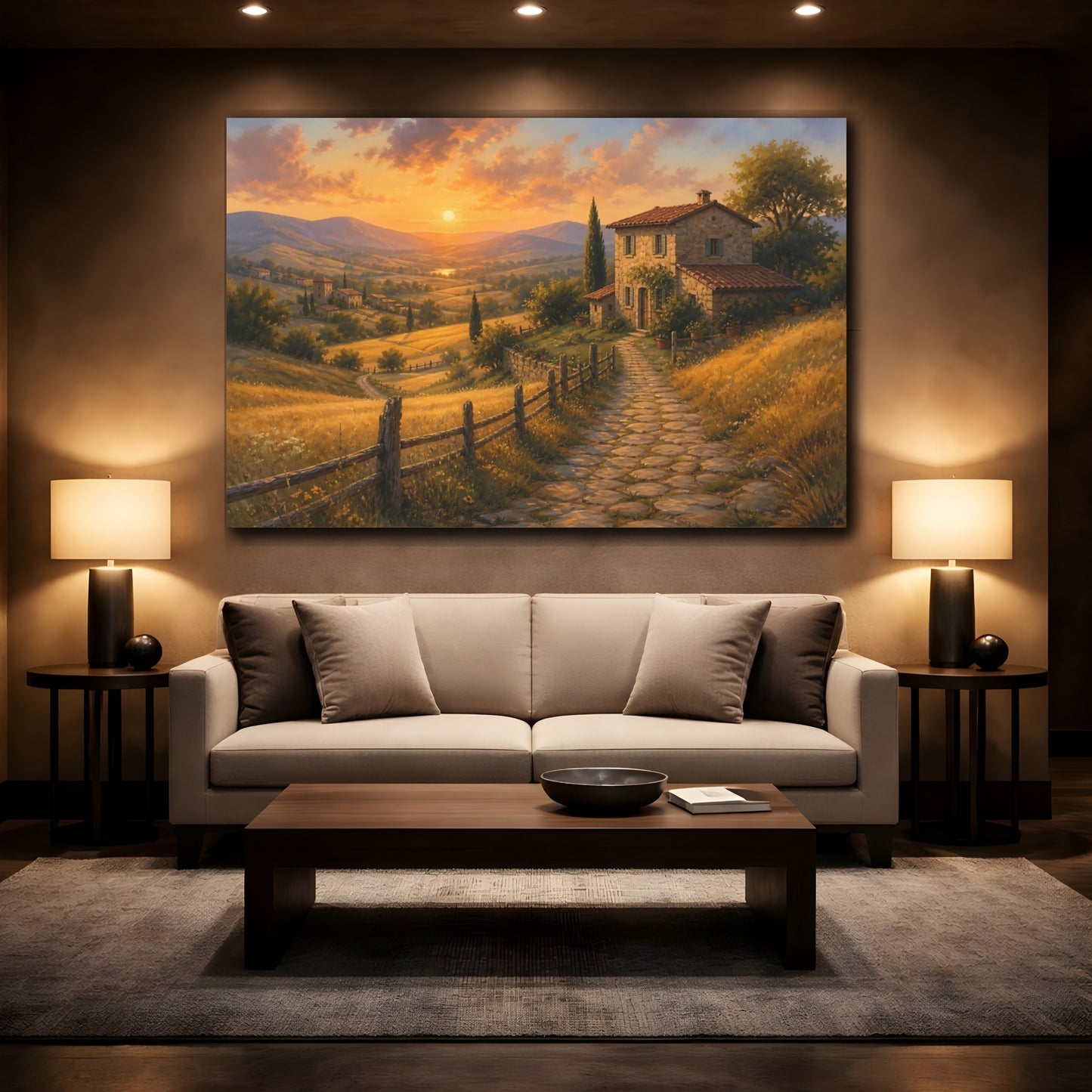 Mockup 2. Nature Tuscan House Tuscan Sunset shown as stretched canvas wall art