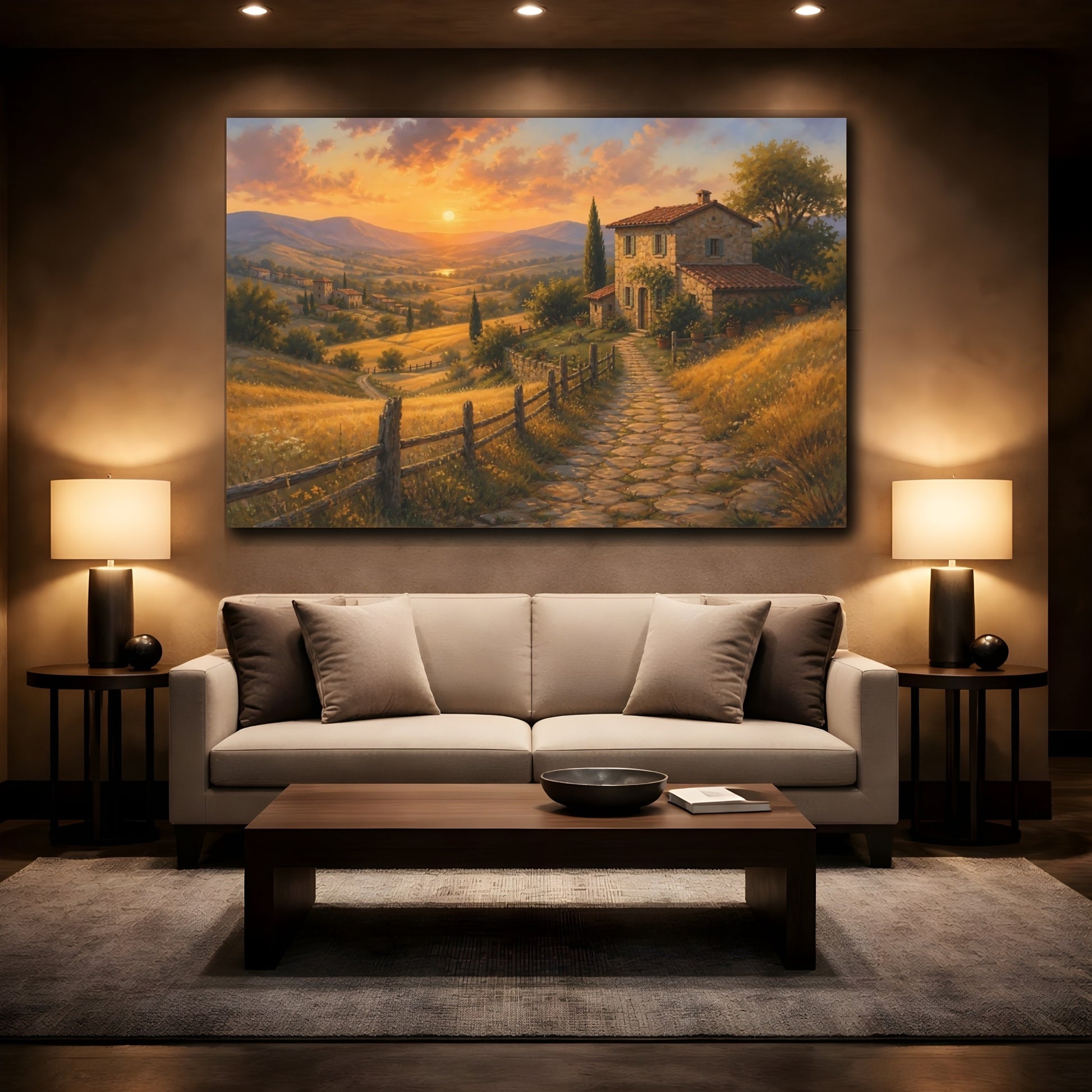 Mockup 2. Nature Tuscan House Tuscan Sunset shown as stretched canvas wall art