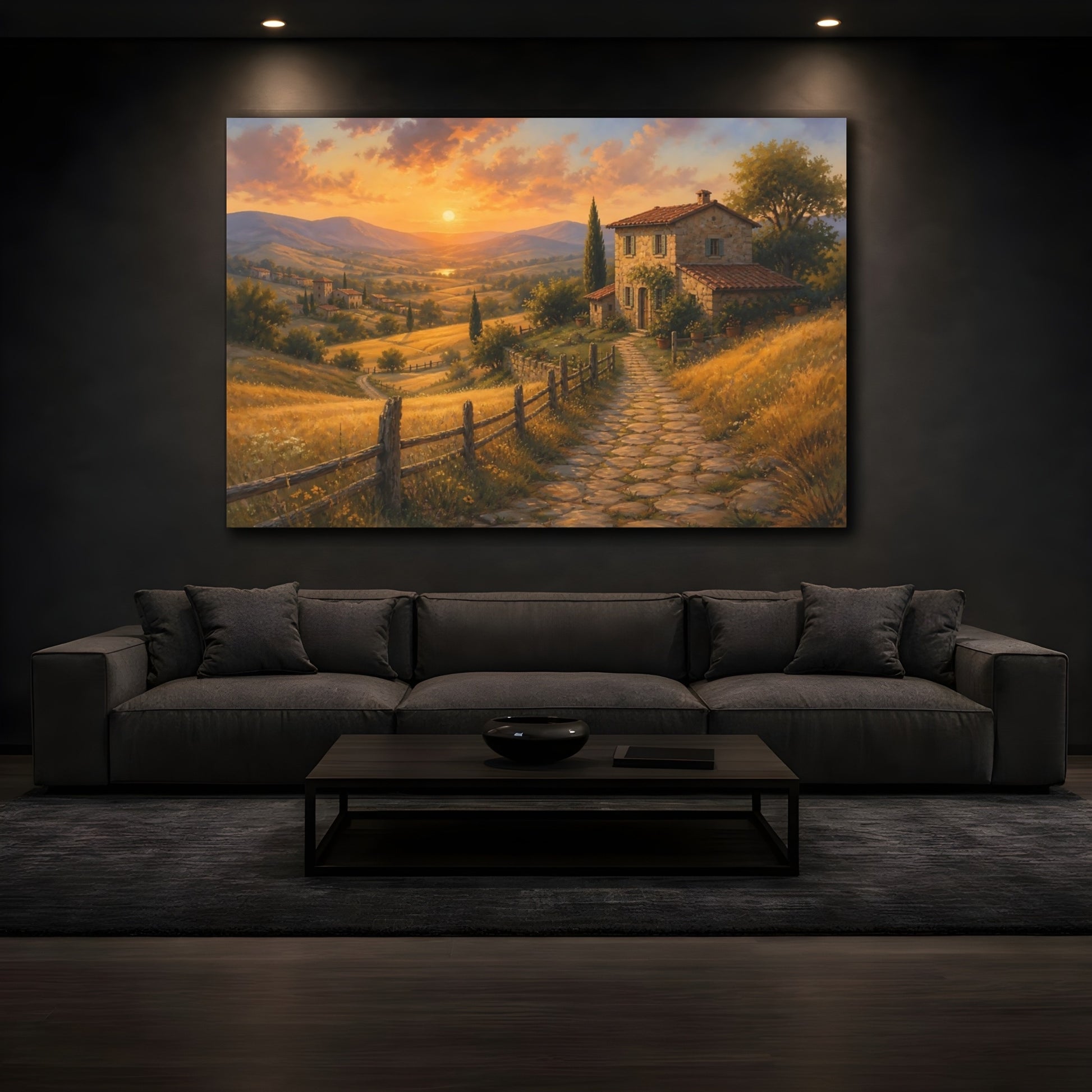 Mockup 3. Nature Tuscan House Tuscan Sunset shown as stretched canvas wall art