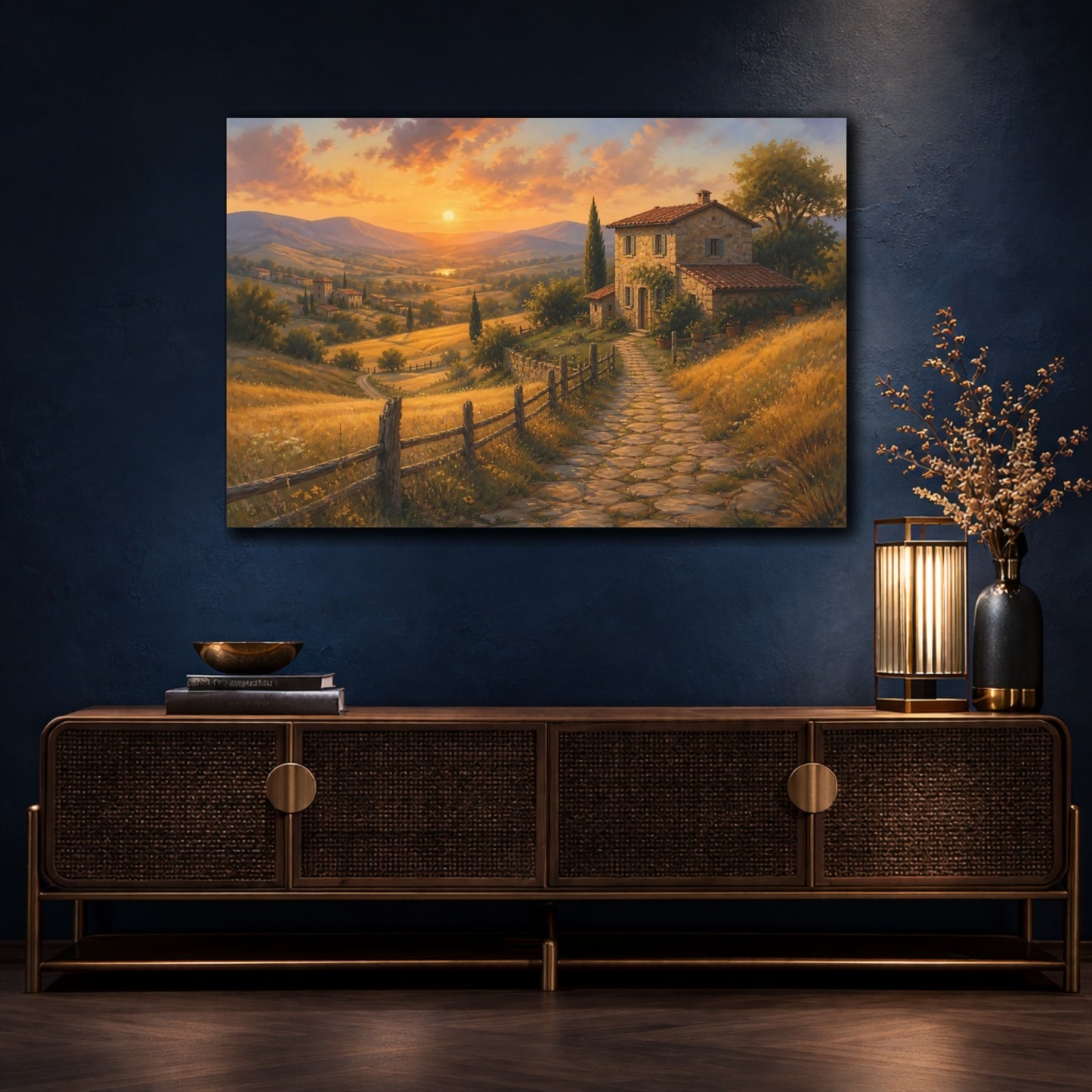 Mockup 4. Nature Tuscan House Tuscan Sunset shown as stretched canvas wall art