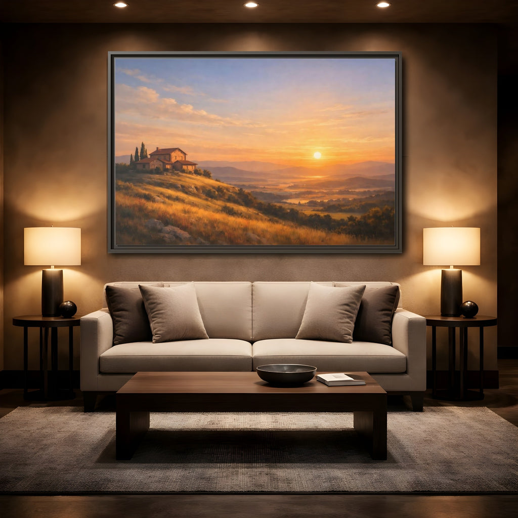 Mockup 2. Nature Tuscan Landscape Golden Tuscan Landscape shown as stretched canvas wall art