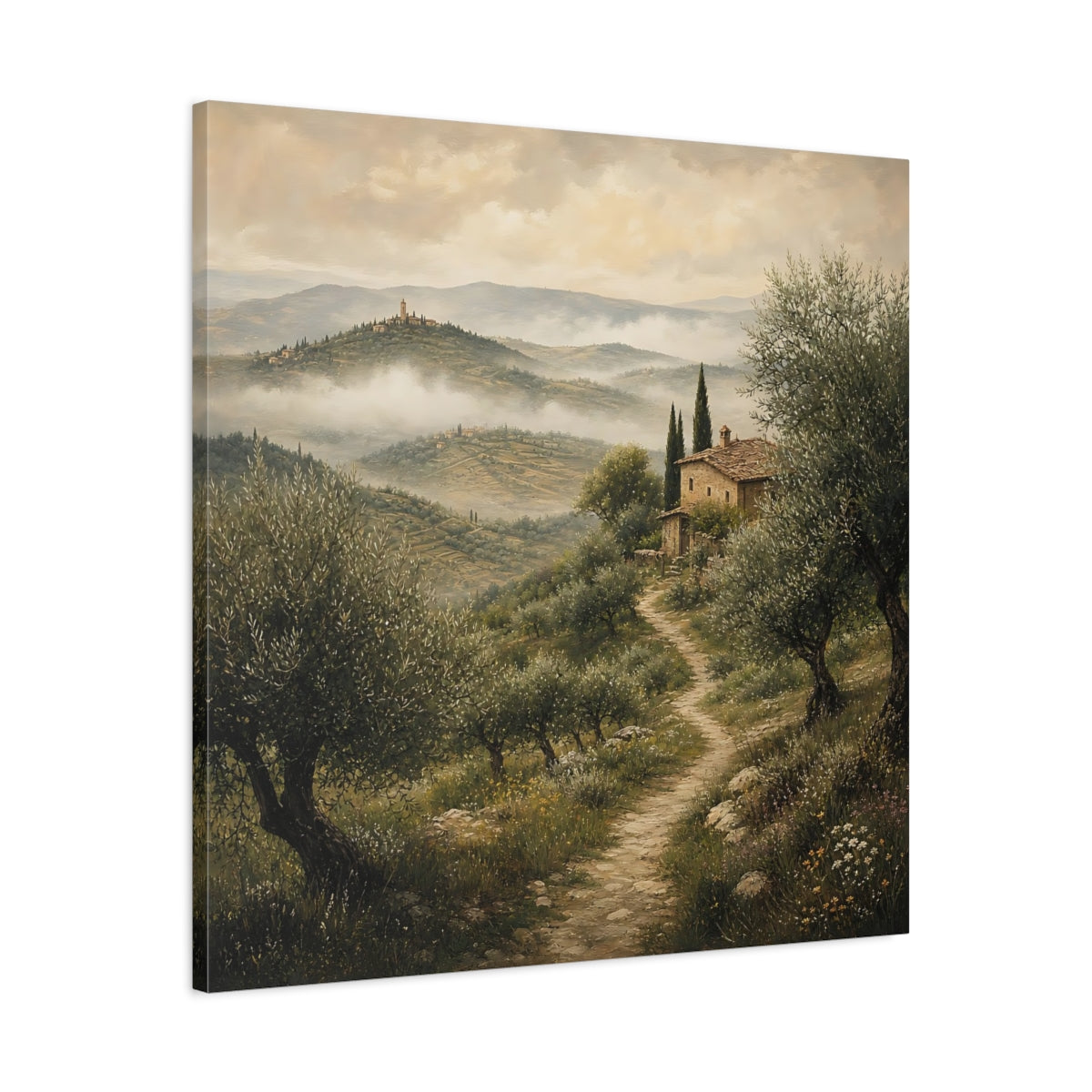 Side Mockup 3. Nature Tuscan Landscape Green Earthy Landscape shown as stretched canvas wall art