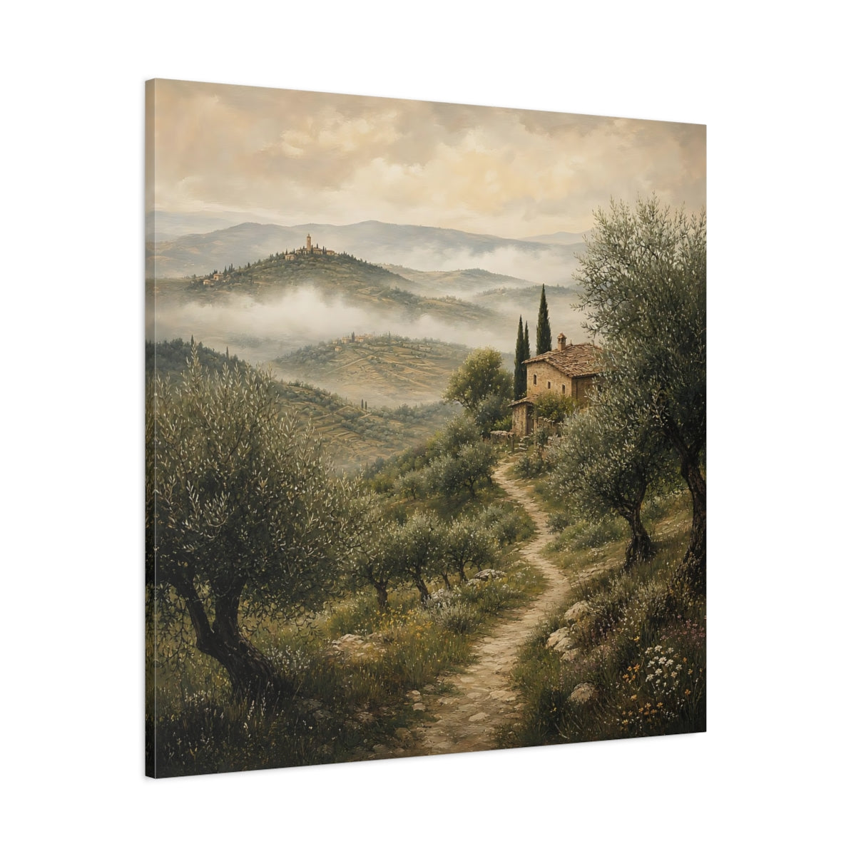 Side Mockup 1. Nature Tuscan Landscape Green Earthy Landscape shown as stretched canvas wall art