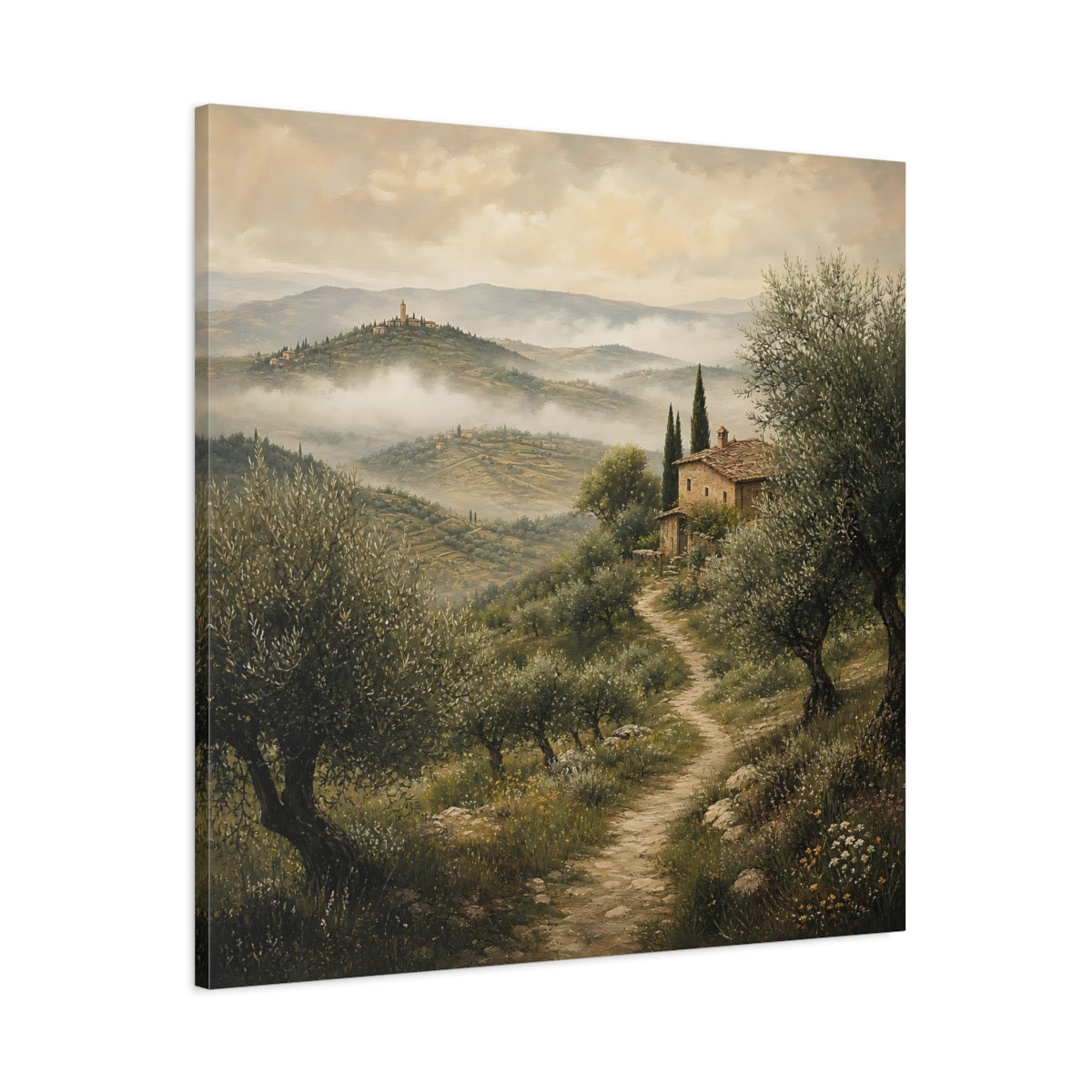 Main Mockup. Nature Tuscan Landscape Green Earthy Landscape shown as stretched canvas wall art