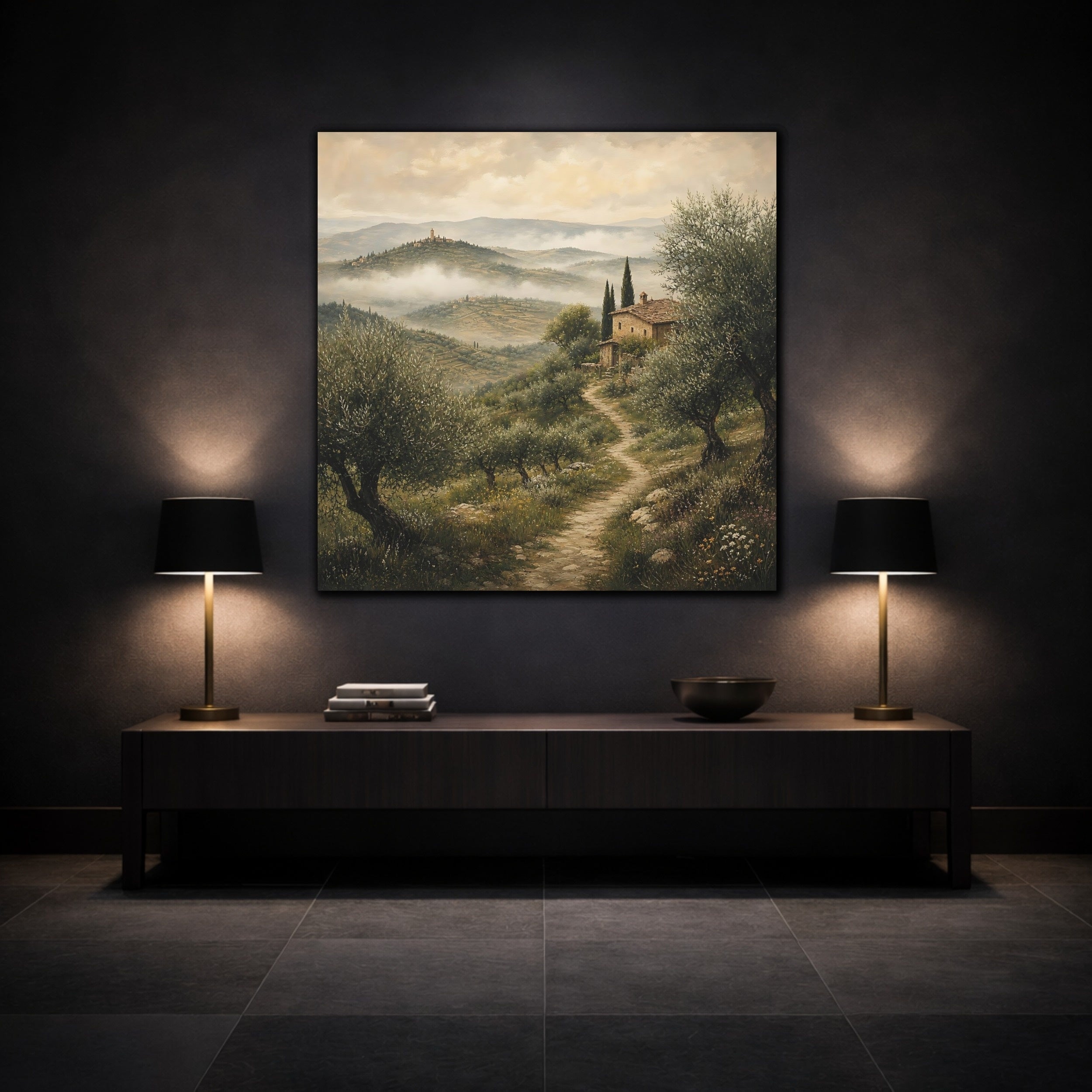 Mockup 3. Nature Tuscan Landscape Green Earthy Landscape shown as stretched canvas wall art
