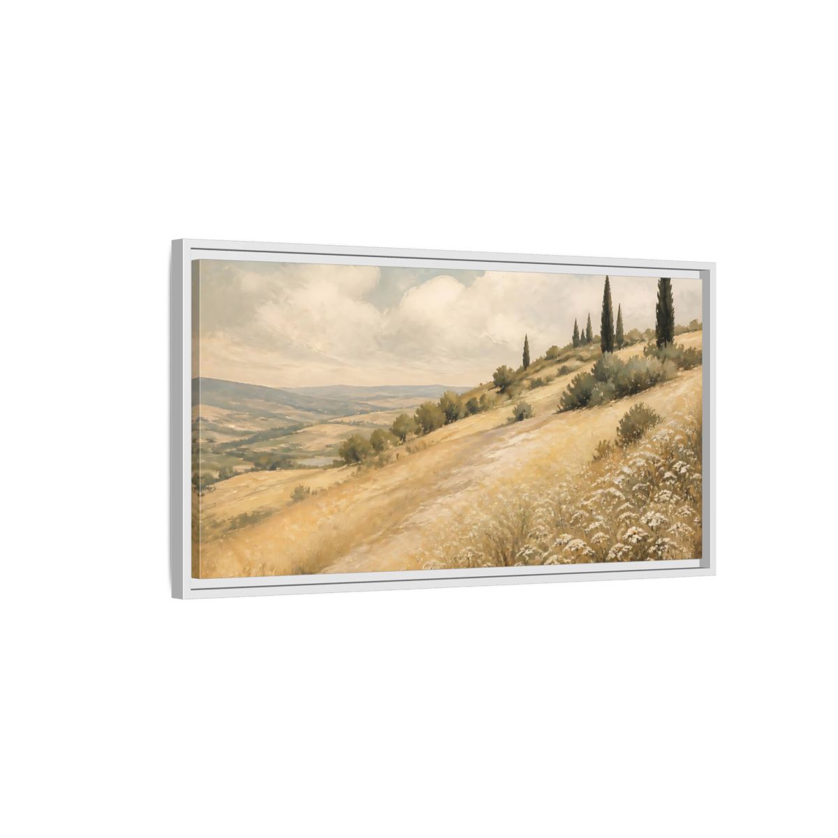 Side Mockup 1. Nature Tuscan Landscape Tuscan Hills Golden shown as stretched canvas wall art
