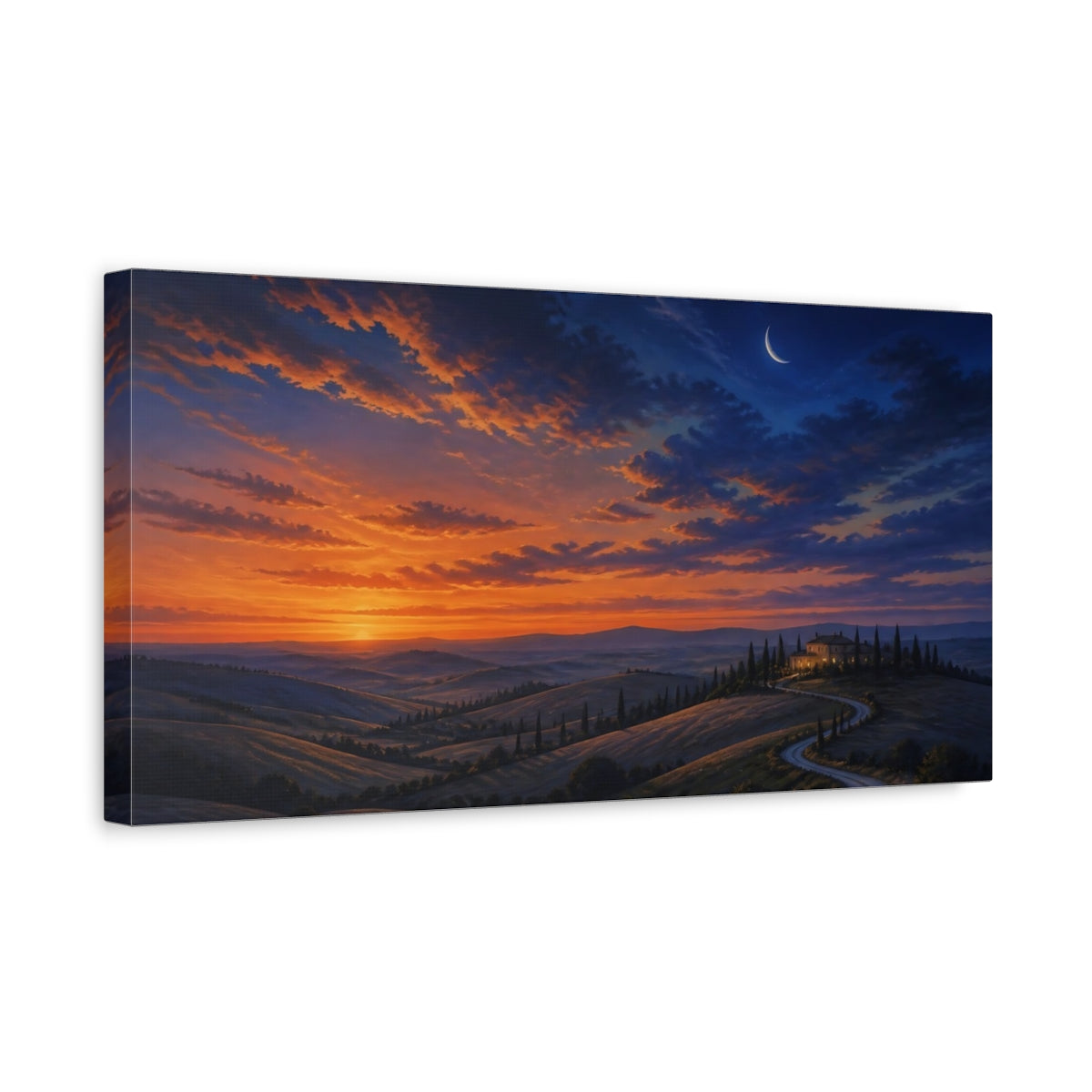 Side Mockup 3. Nature Tuscan Landscape Orange Blue Landscape shown as stretched canvas wall art